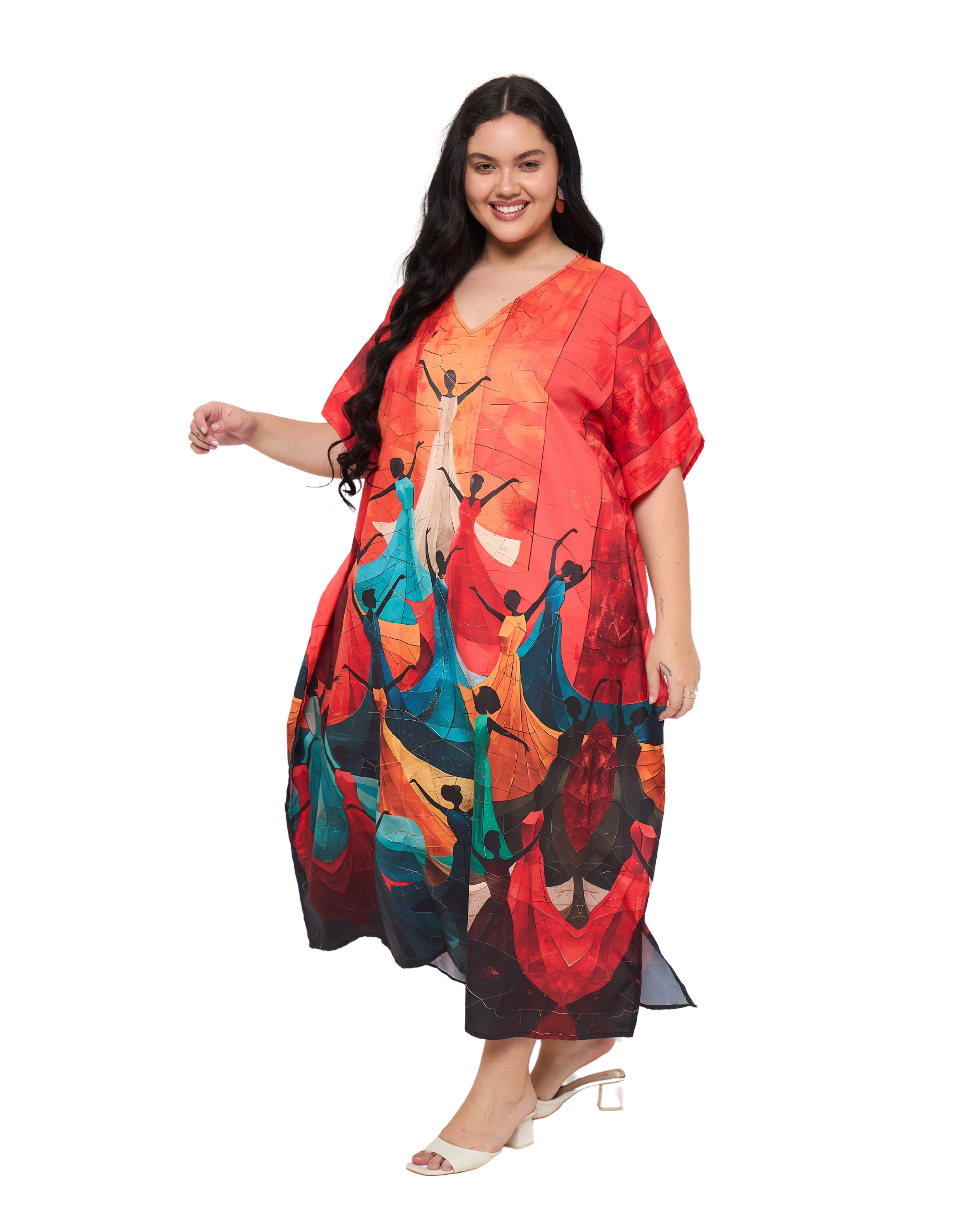 Lady Print Red Polyester Loungewear Plus Size Kaftan Dress