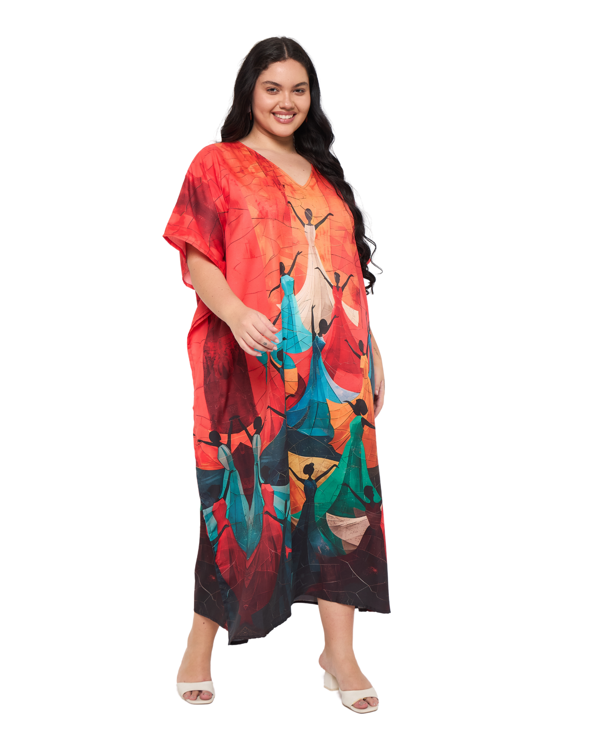 Lady Print Red Polyester Loungewear Plus Size Kaftan Dress