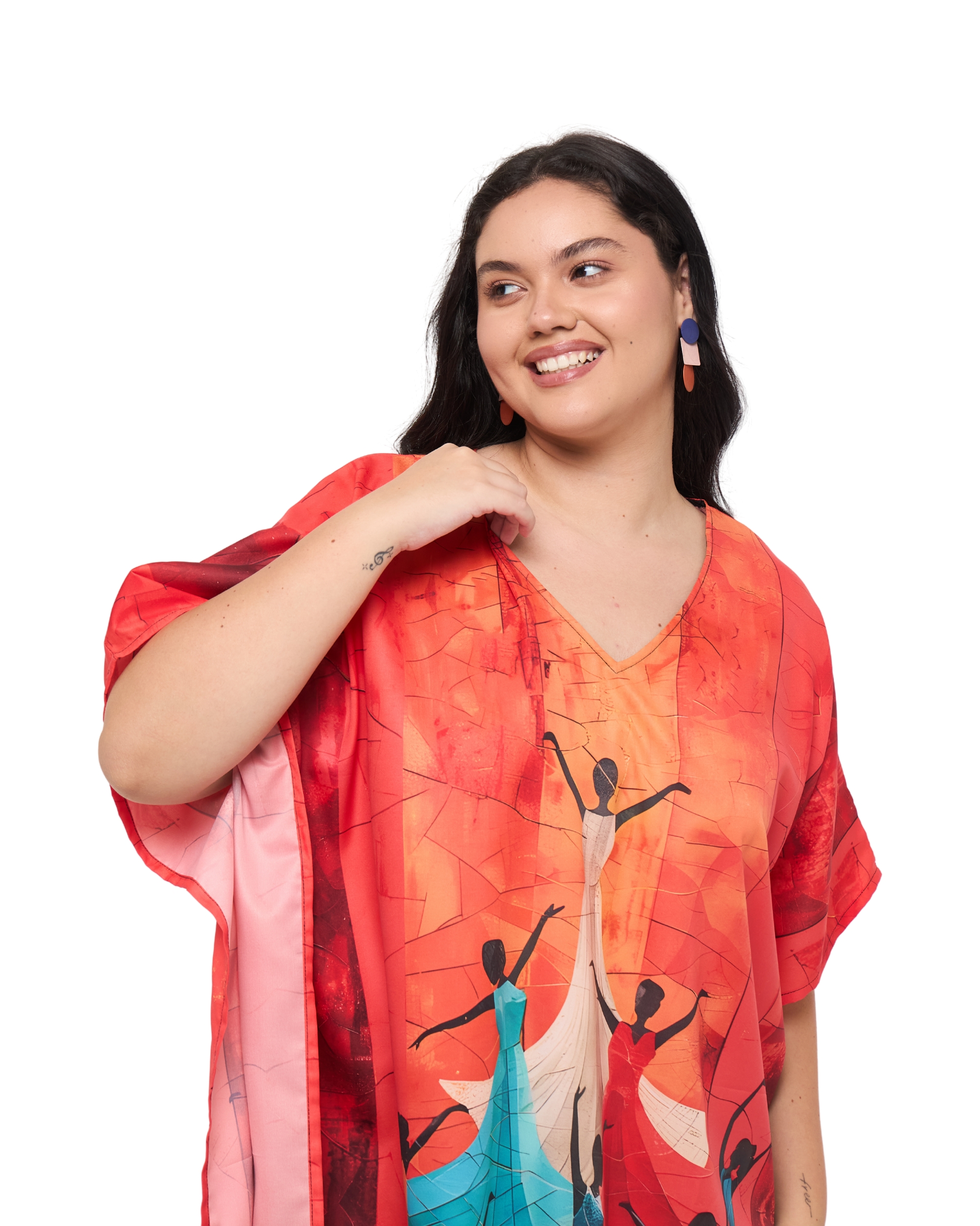 Lady Print Red Polyester Loungewear Plus Size Kaftan Dress