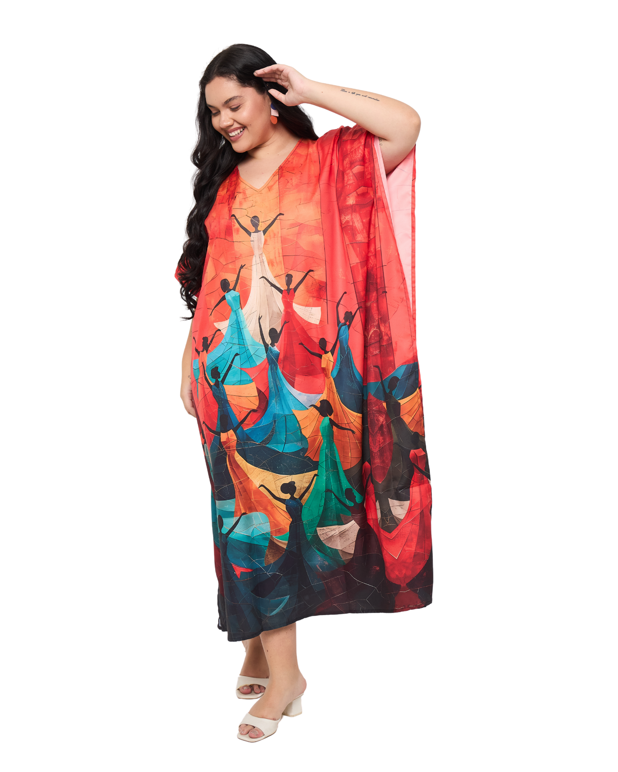Lady Print Red Polyester Loungewear Plus Size Kaftan Dress