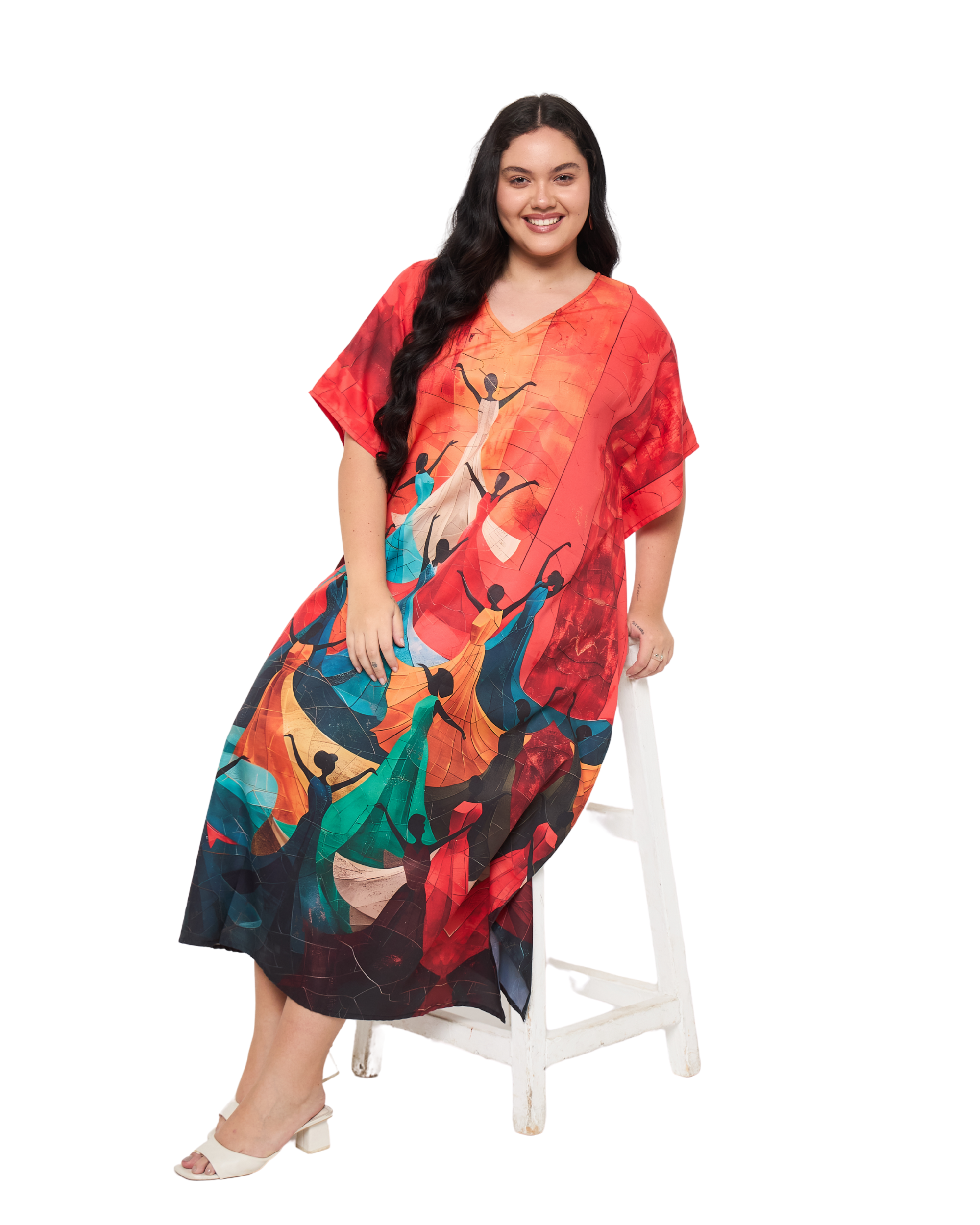 Lady Print Red Polyester Loungewear Plus Size Kaftan Dress