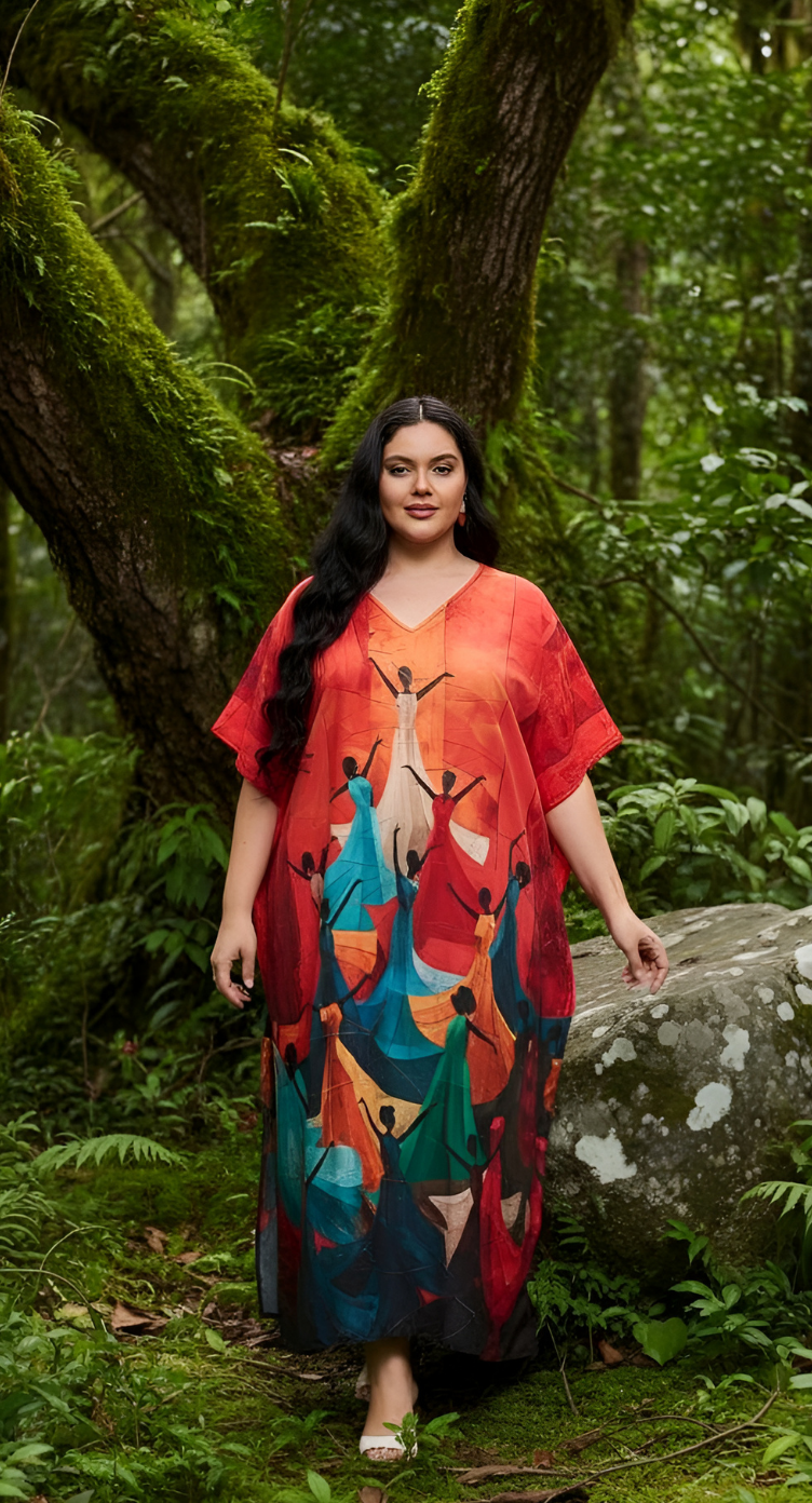 Lady Print Red Polyester Loungewear Plus Size Kaftan Dress