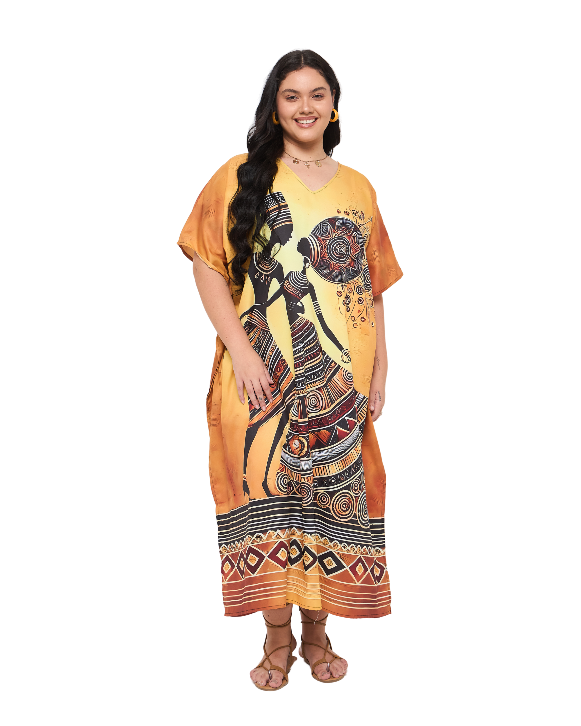 Tribal Print Golden Polyester Plus Size Kaftan Dress for Women