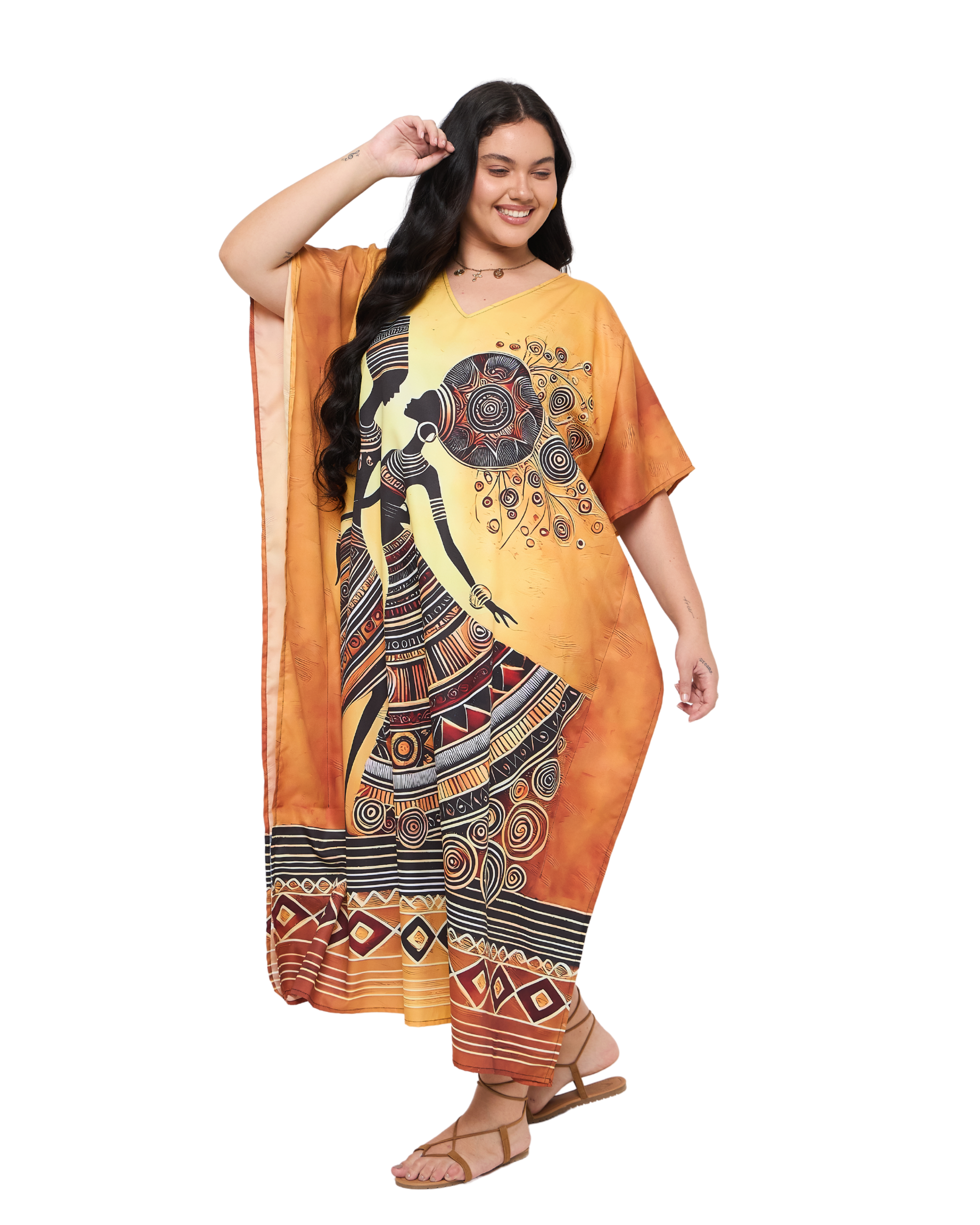 Tribal Print Golden Polyester Plus Size Kaftan Dress for Women