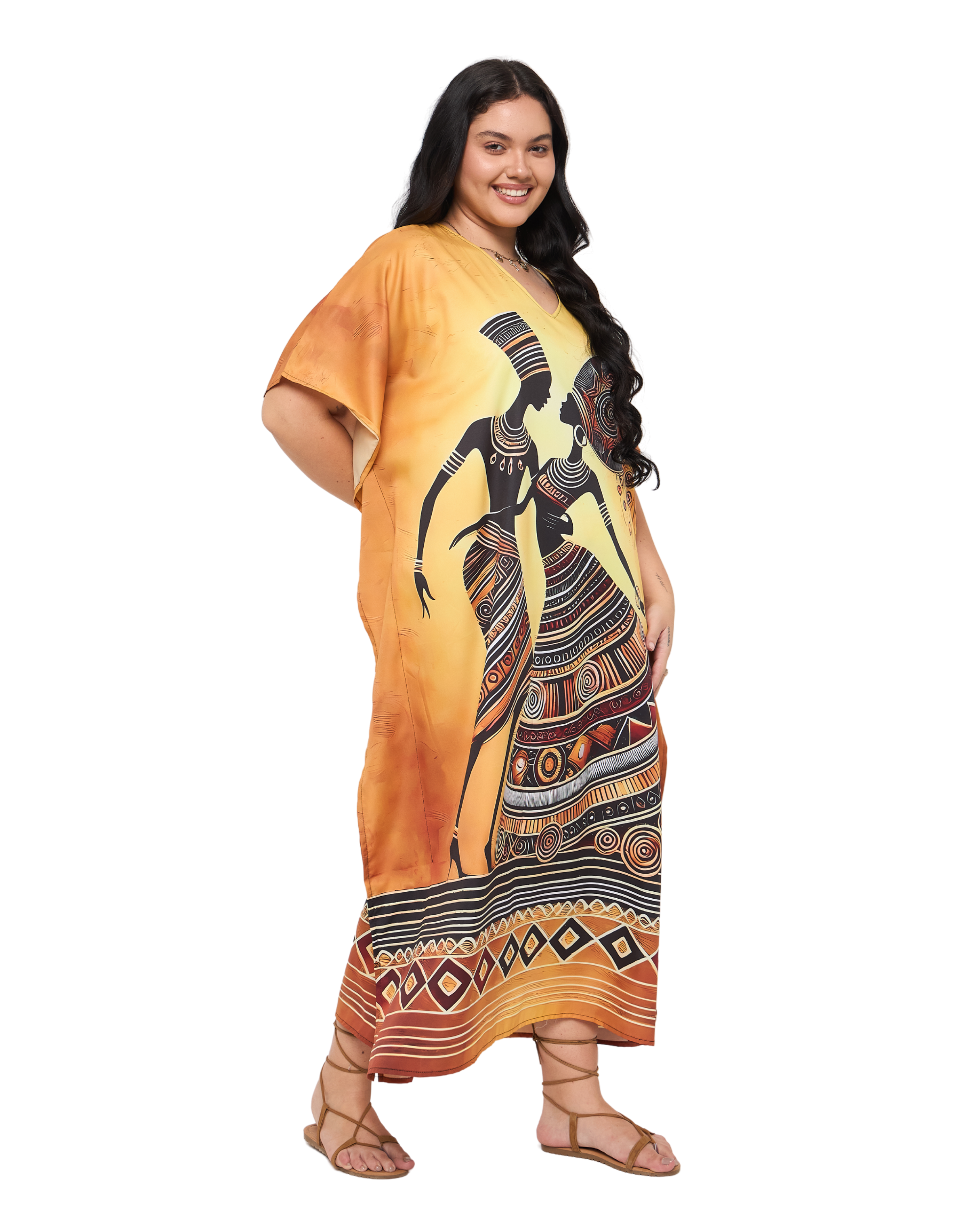 Tribal Print Golden Polyester Plus Size Kaftan Dress for Women