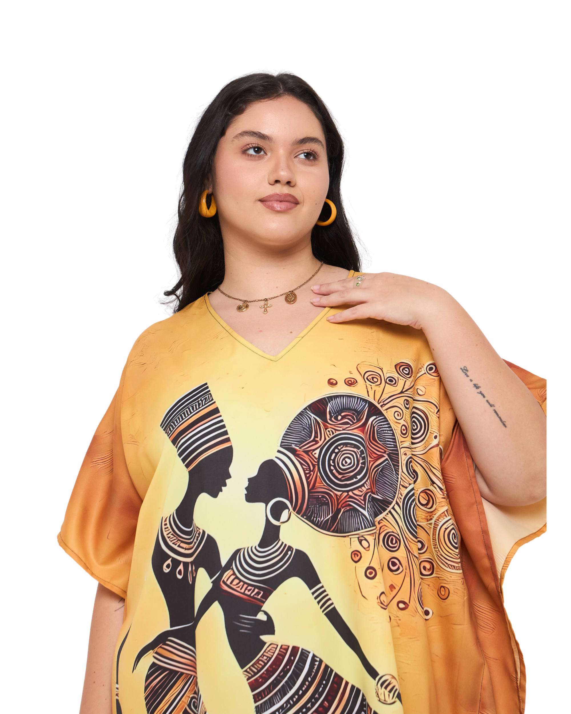 Tribal Print Golden Polyester Plus Size Kaftan Dress for Women