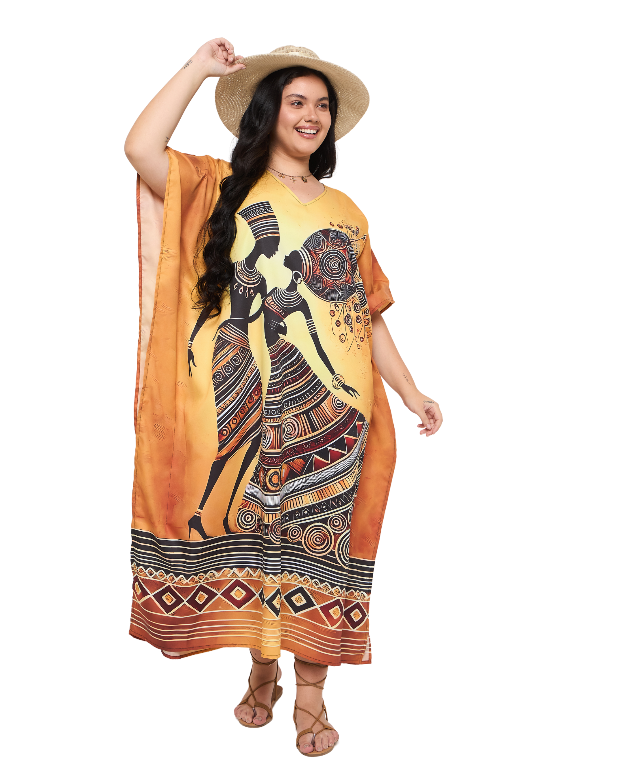 Tribal Print Golden Polyester Plus Size Kaftan Dress for Women