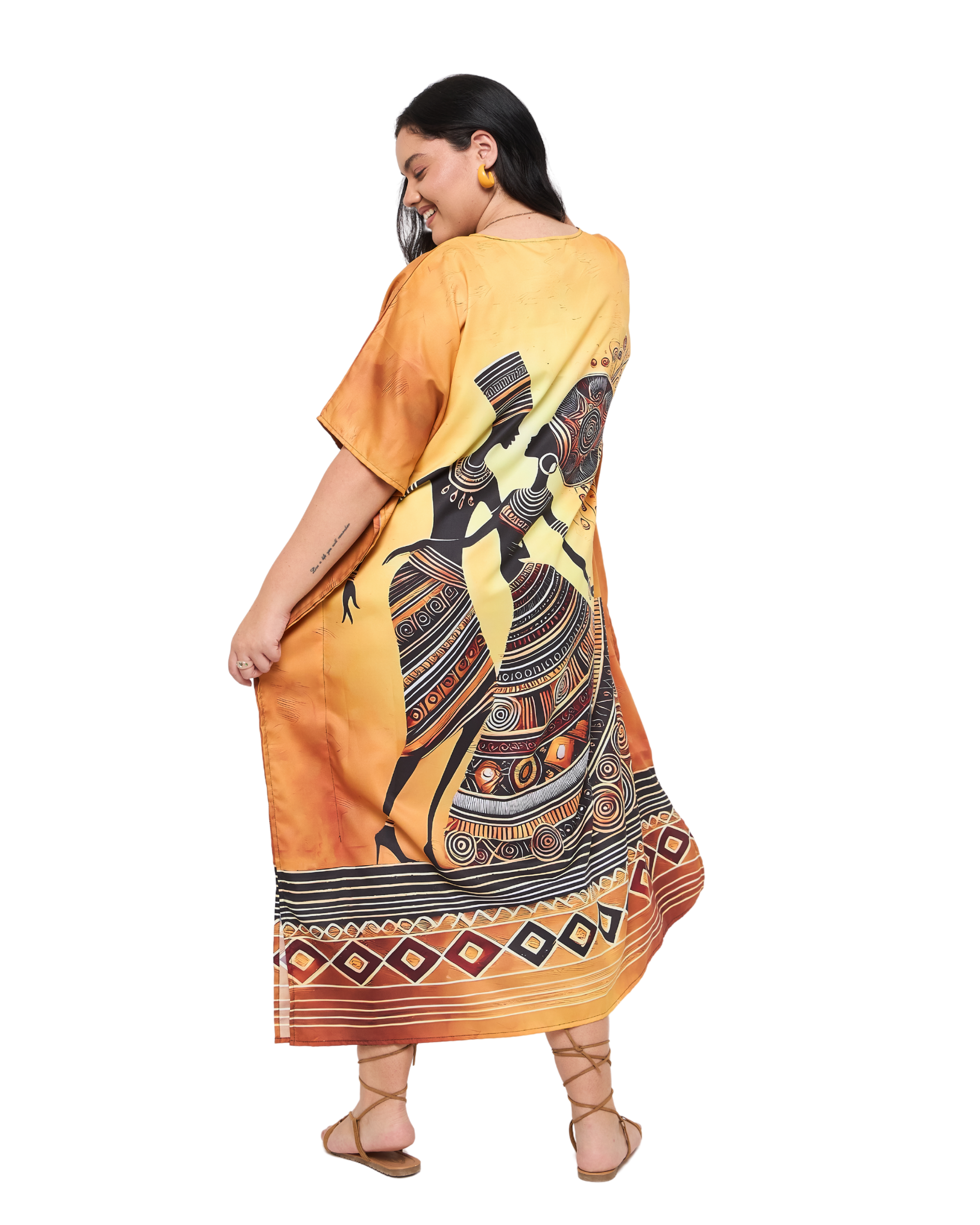 Tribal Print Golden Polyester Plus Size Kaftan Dress for Women