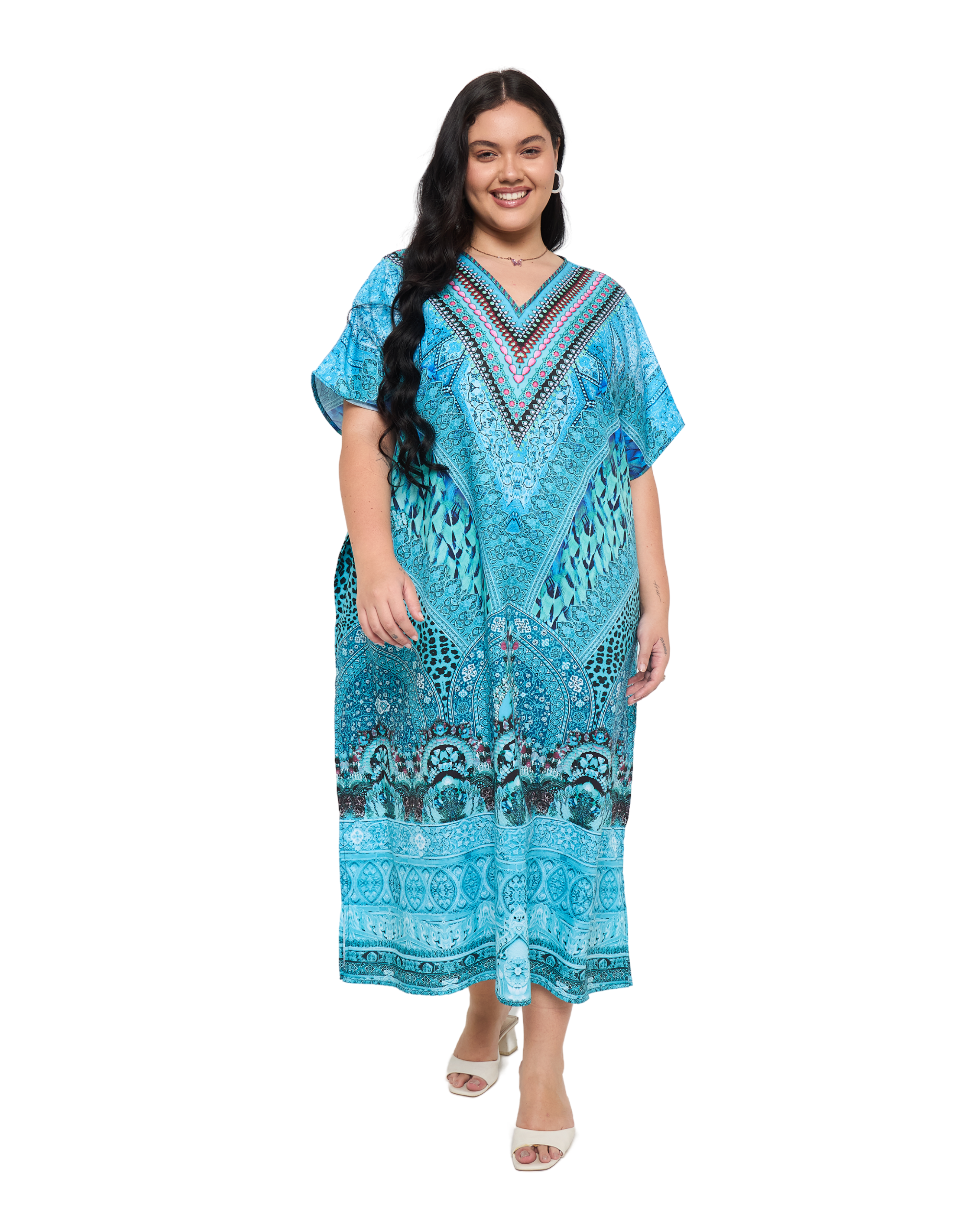 Motif Turquoise Blue Polyester Women Plus Size Evening Kaftan Dress