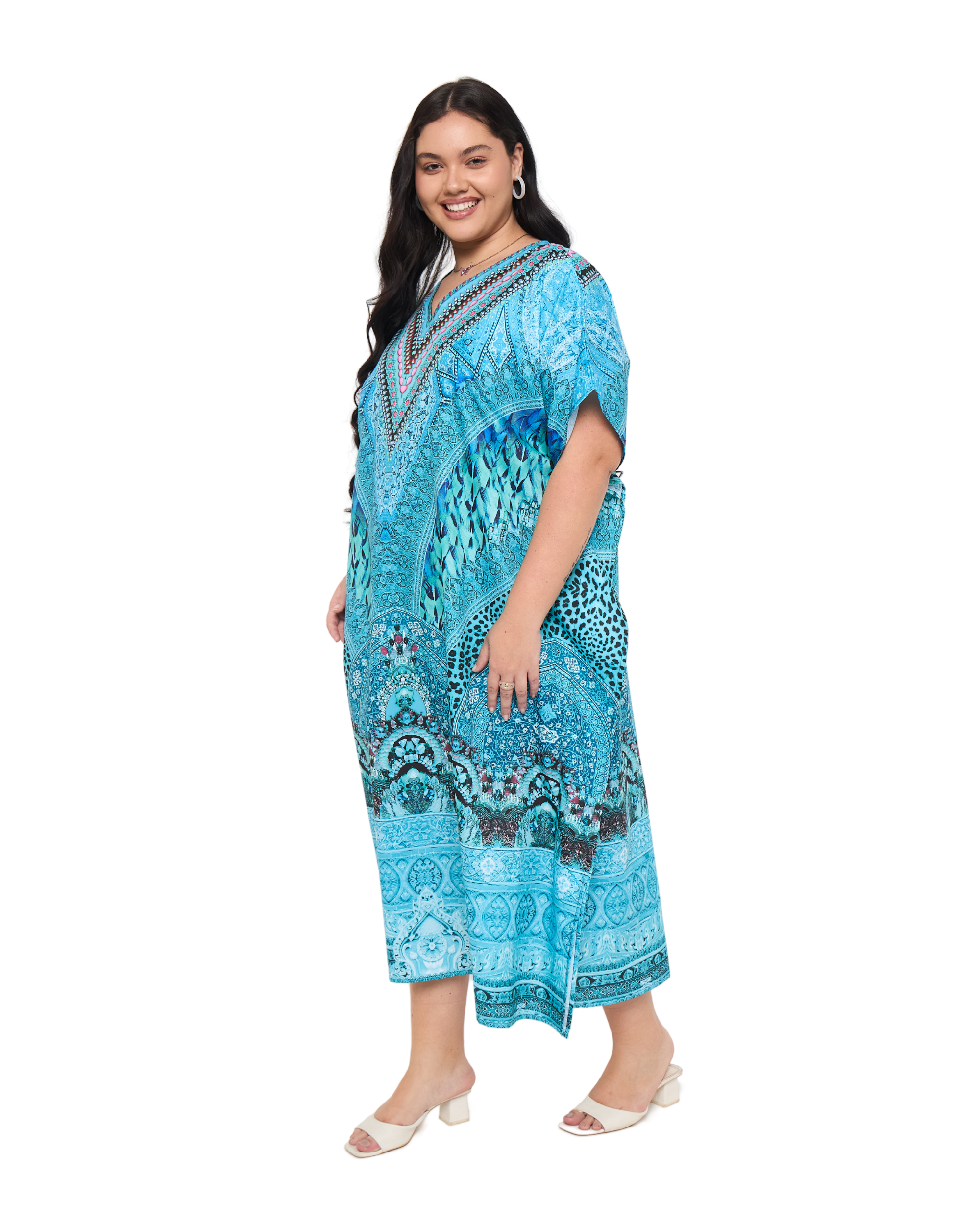 Turquoise Motif Polyester Women Plus Size Kaftan Evening Dress