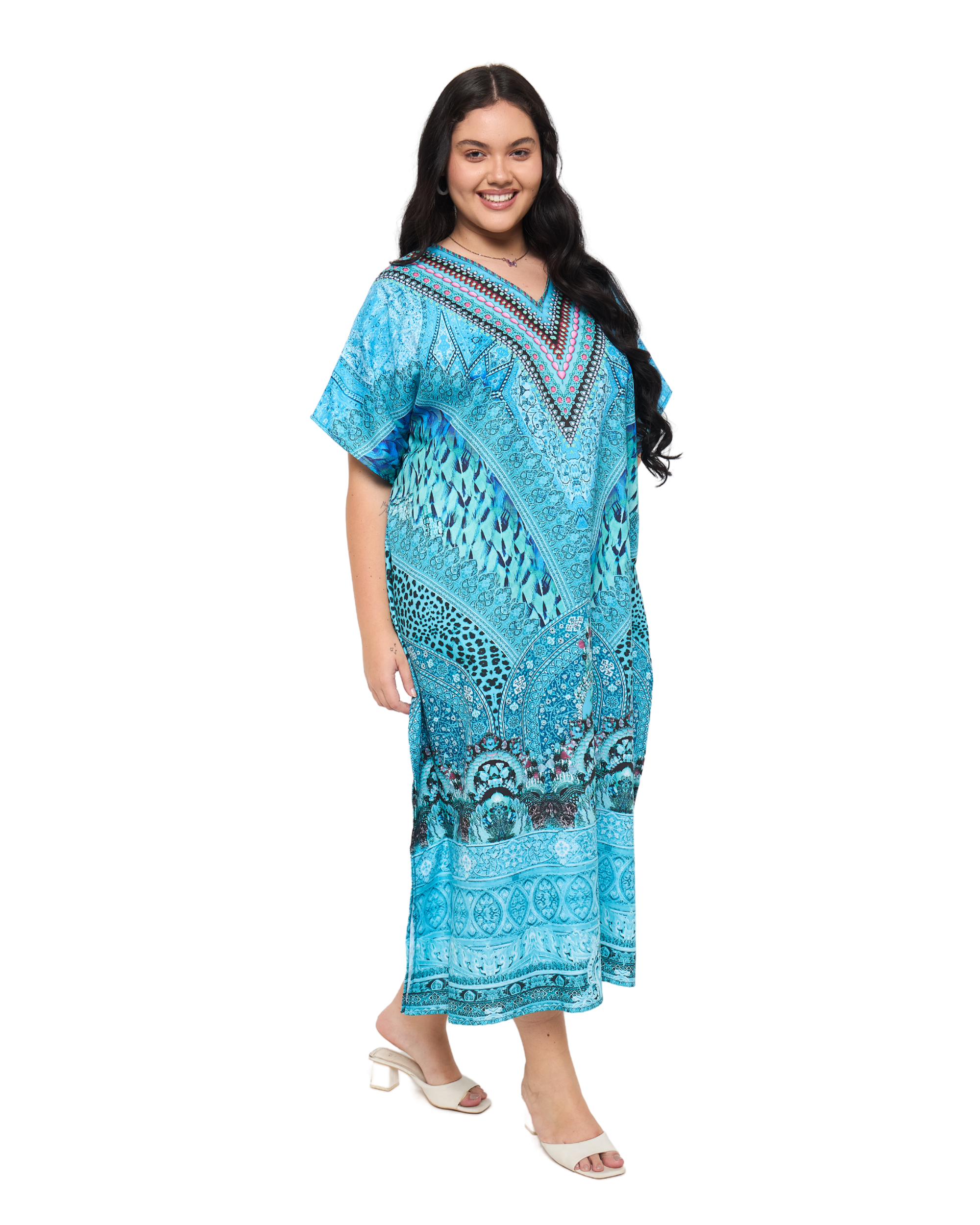 Turquoise Motif Polyester Women Plus Size Kaftan Evening Dress