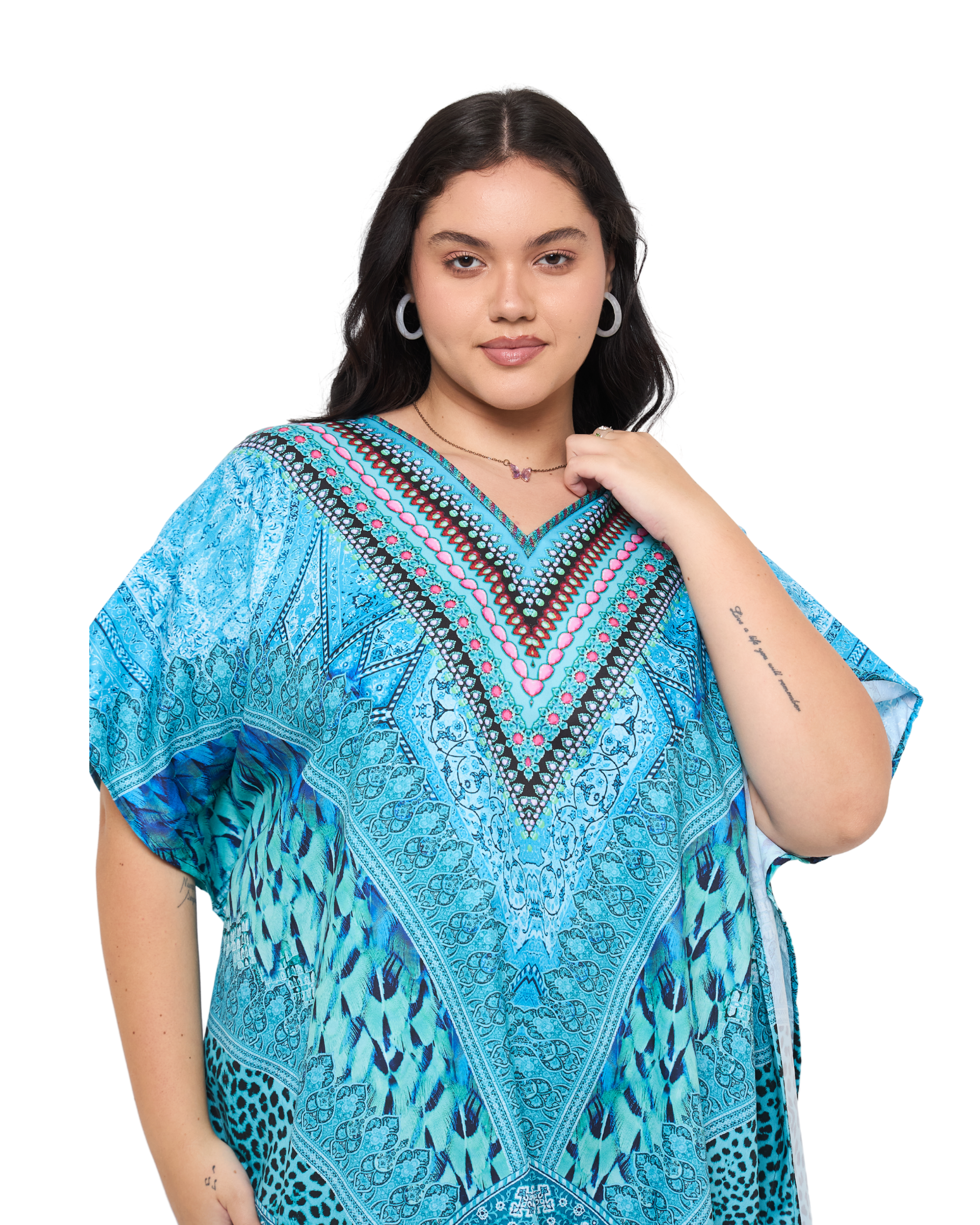 Turquoise Motif Polyester Women Plus Size Kaftan Evening Dress