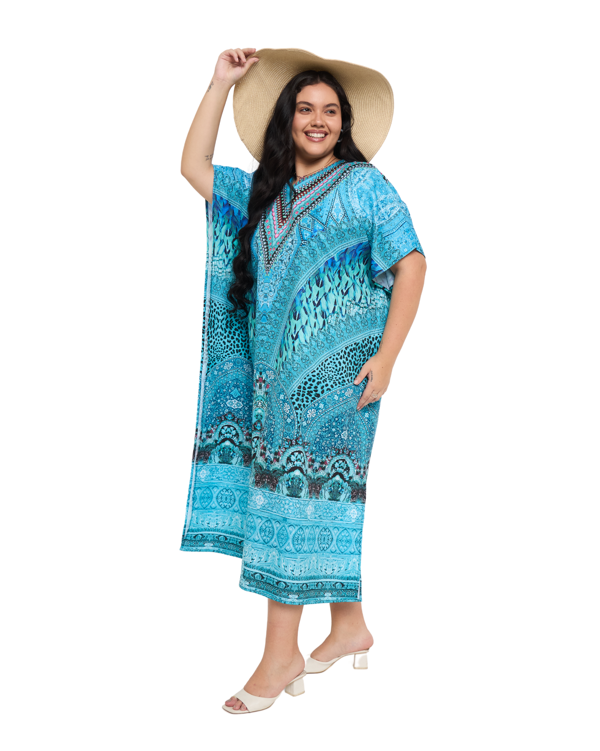 Motif Turquoise Blue Polyester Women Plus Size Evening Kaftan Dress