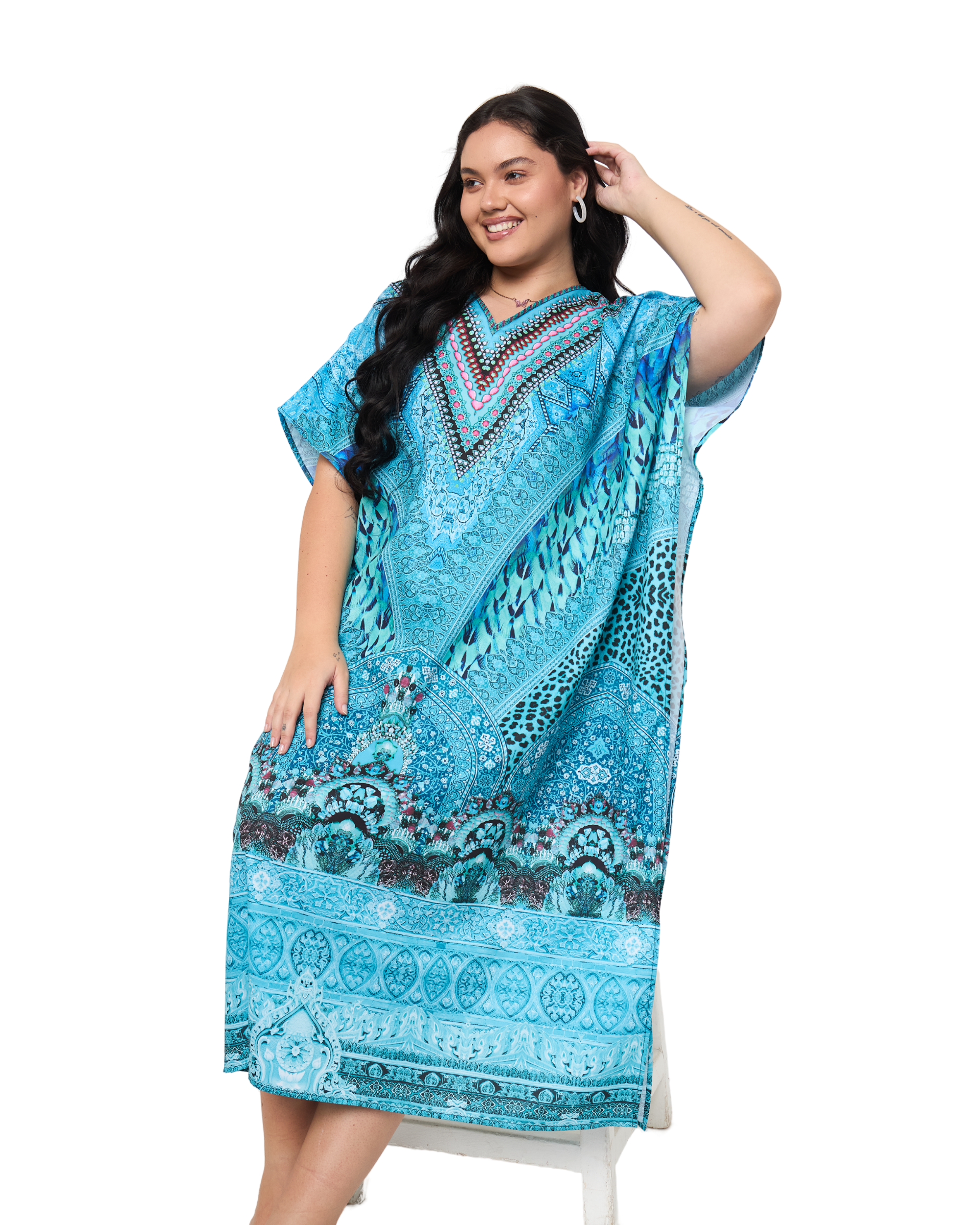 Motif Turquoise Blue Polyester Women Plus Size Evening Kaftan Dress