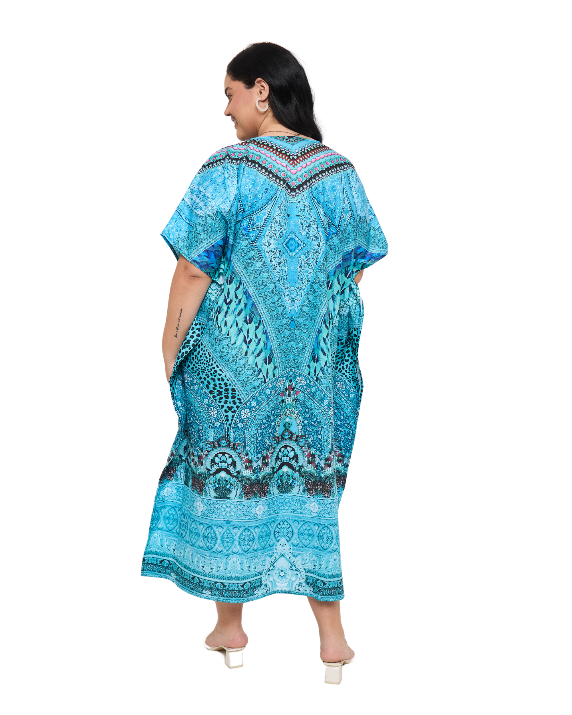 Turquoise Motif Polyester Women Plus Size Kaftan Evening Dress