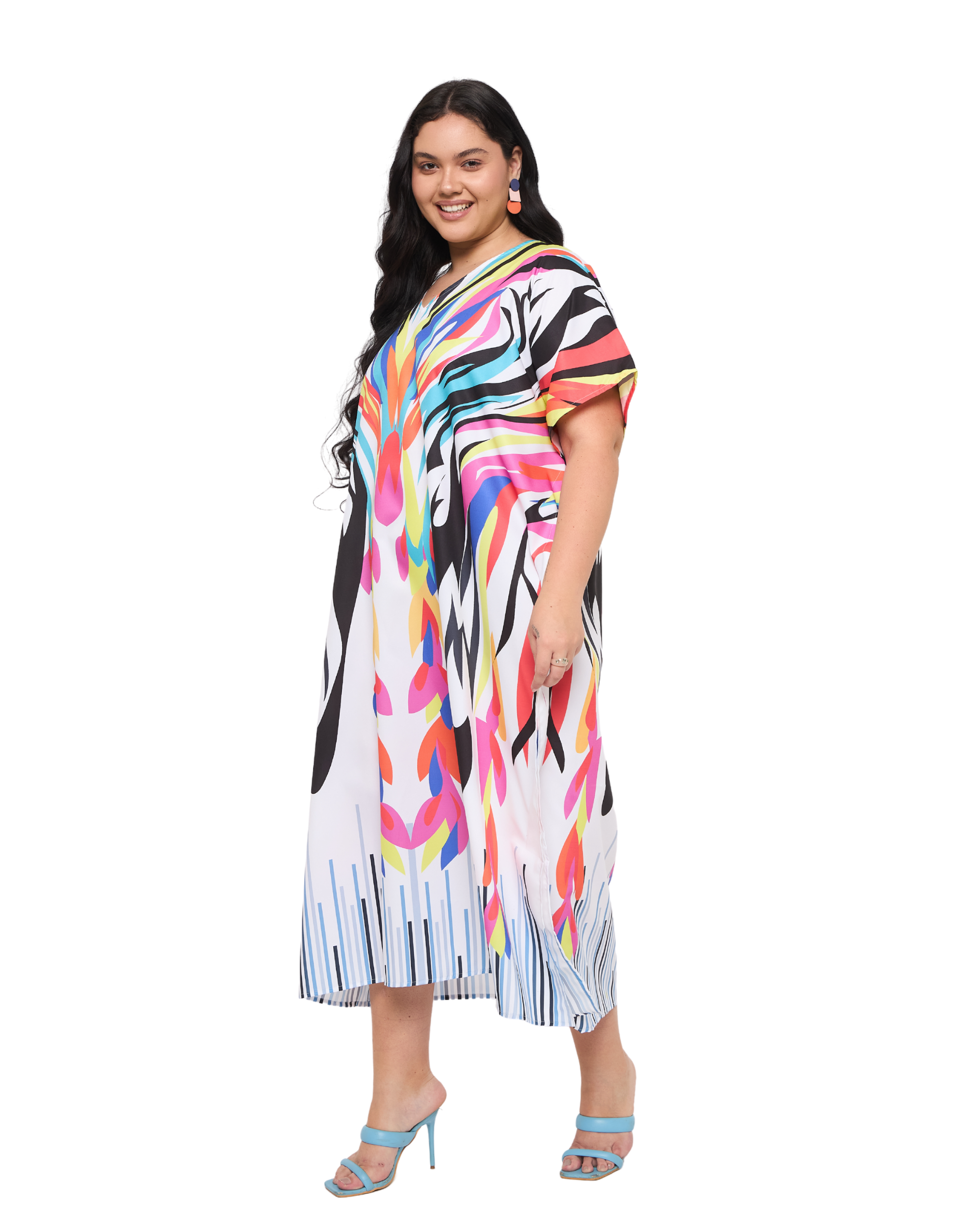 Abstract White Polyester Women Plus Size Beach Kaftan Dress