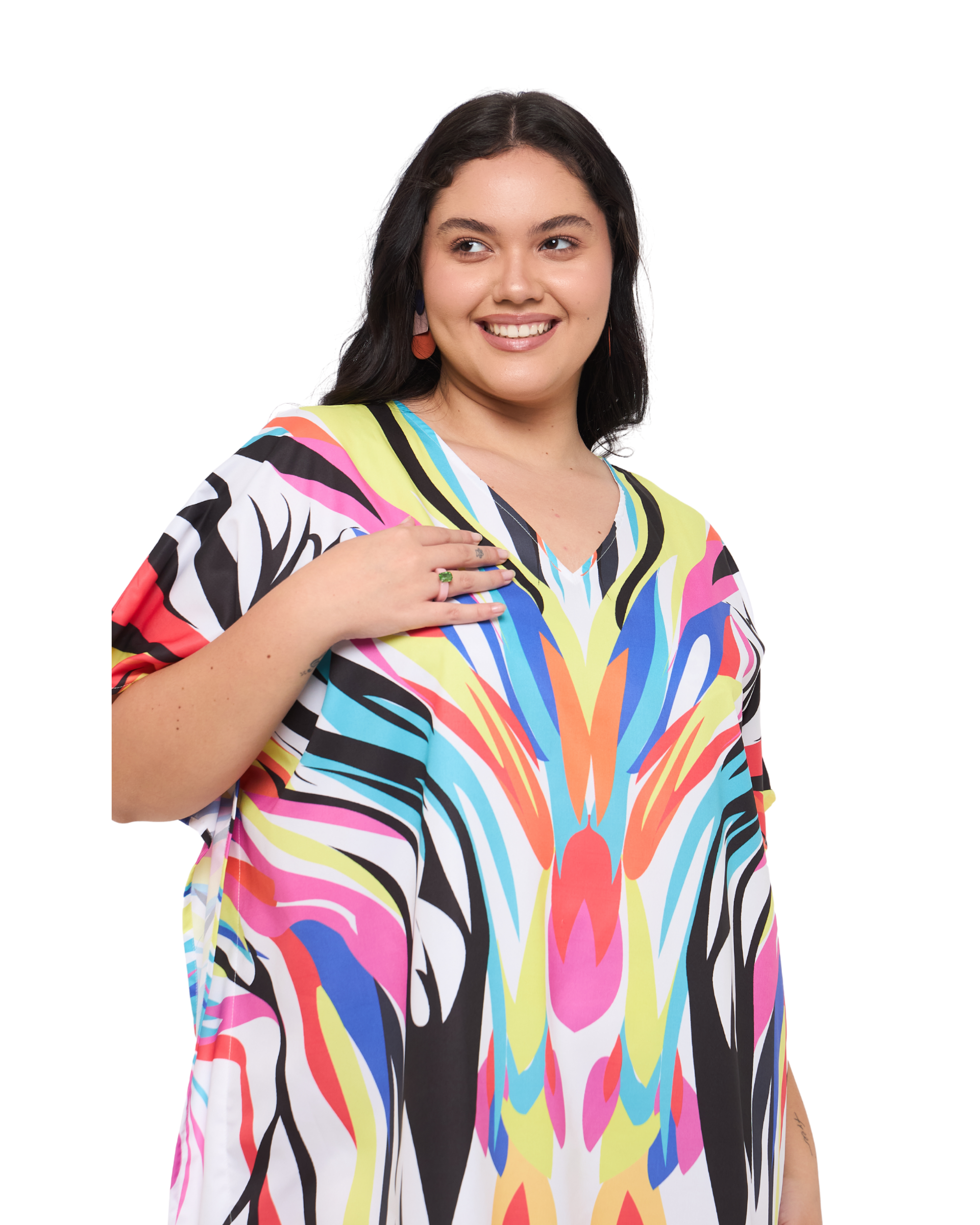 Abstract White Polyester Women Plus Size Beach Kaftan Dress