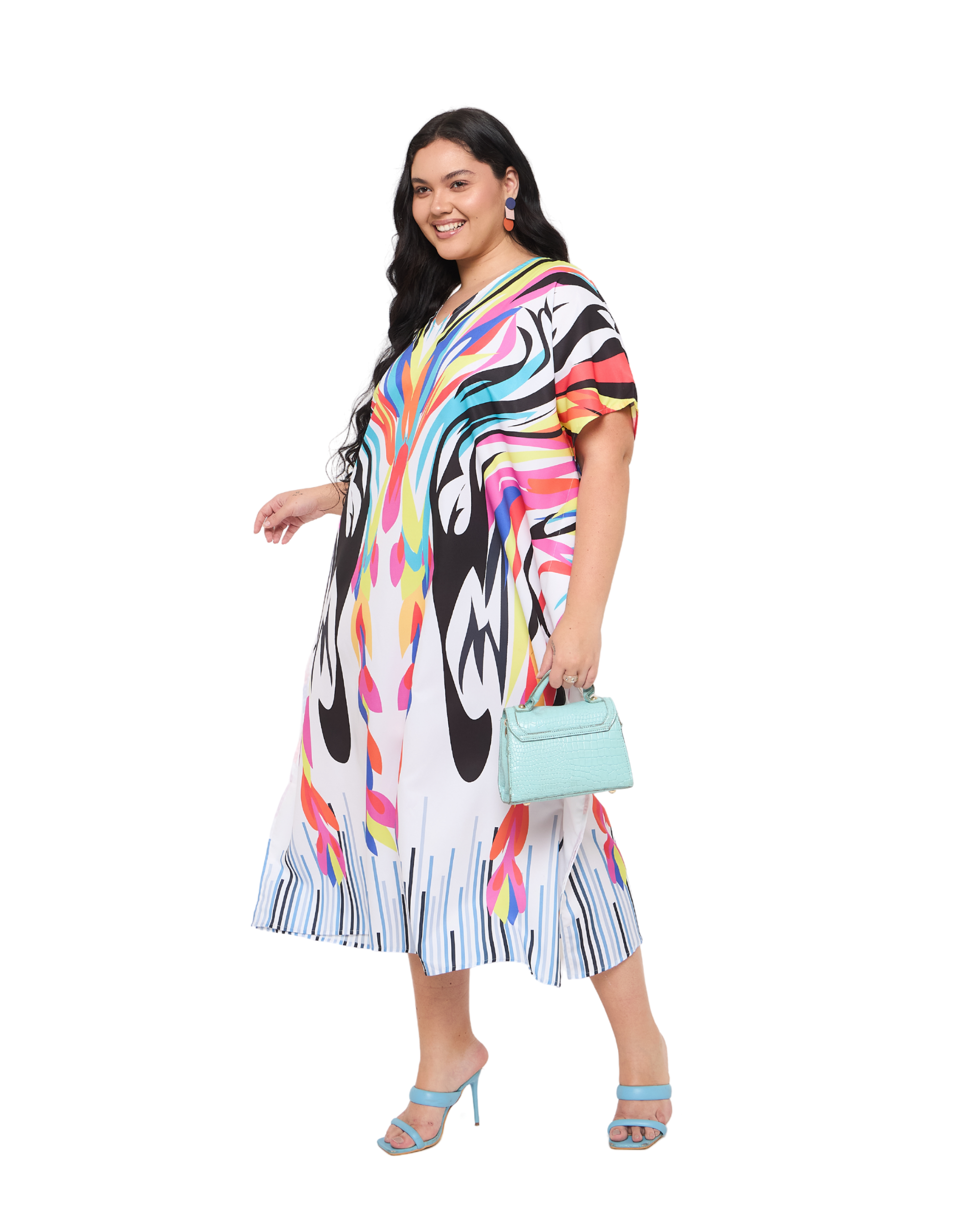 Abstract White Polyester Women Plus Size Beach Kaftan Dress