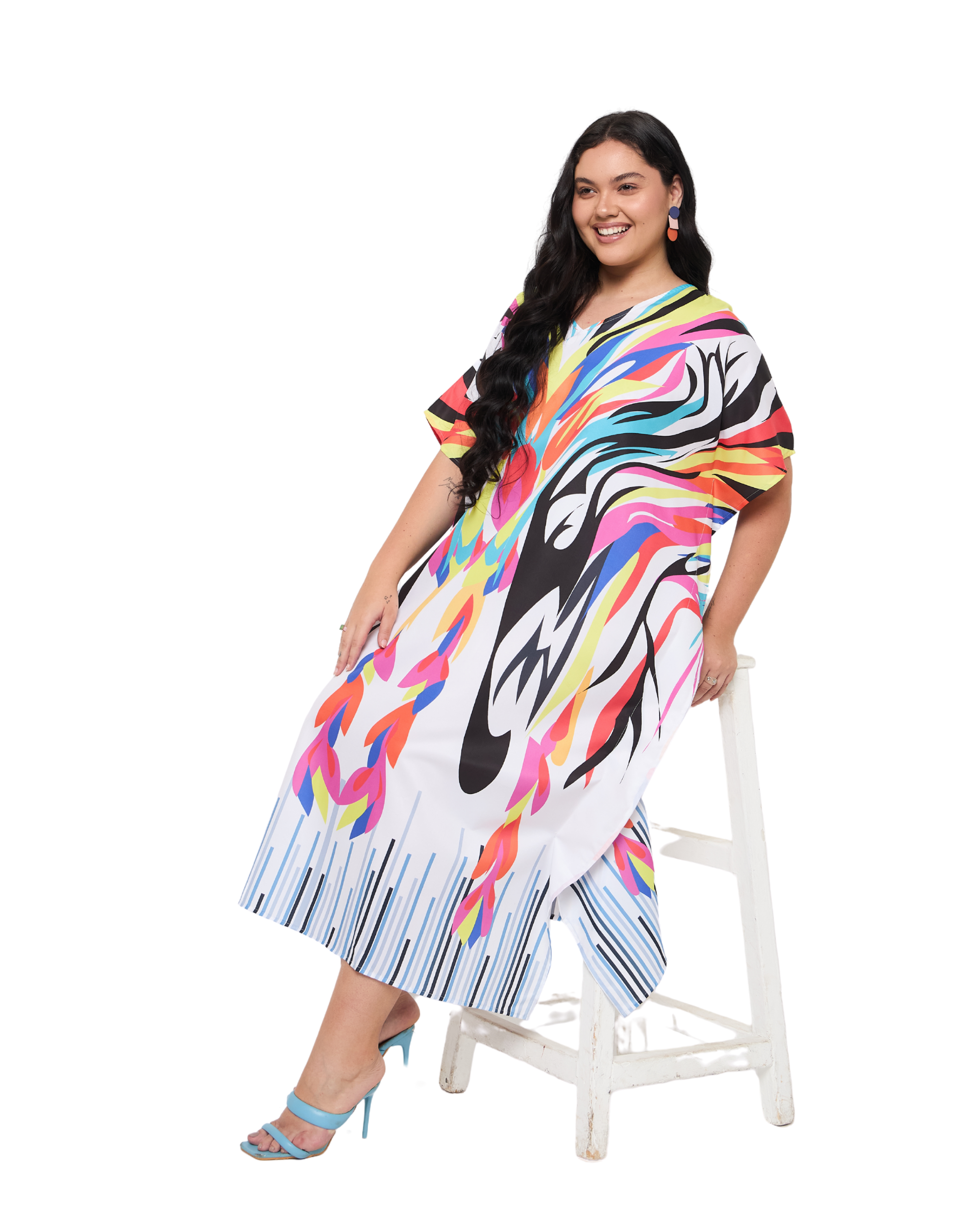 Abstract White Polyester Women Plus Size Beach Kaftan Dress
