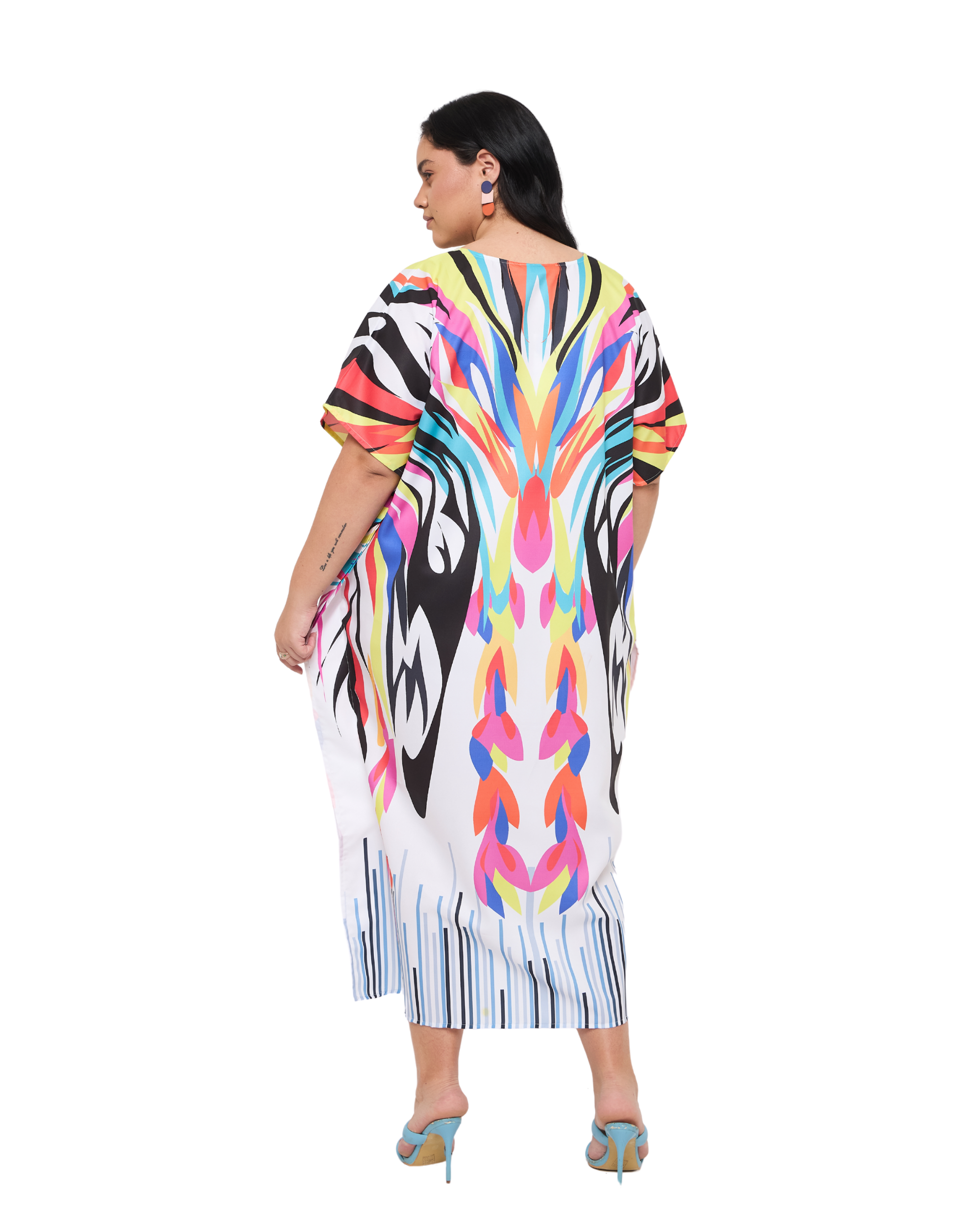Abstract White Polyester Women Plus Size Beach Kaftan Dress