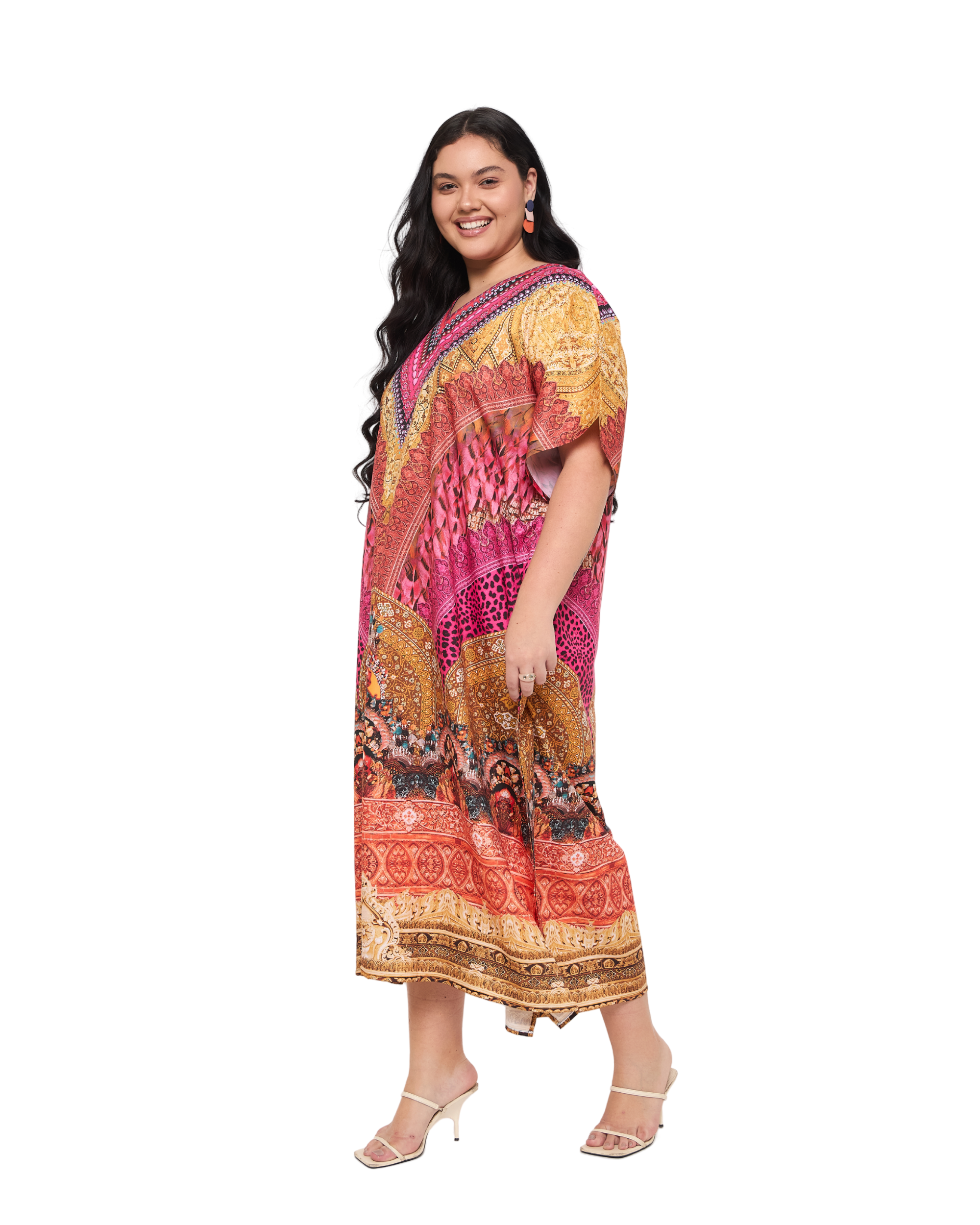 Motif Pink Polyester Women Plus Size Evening Kaftan Dress