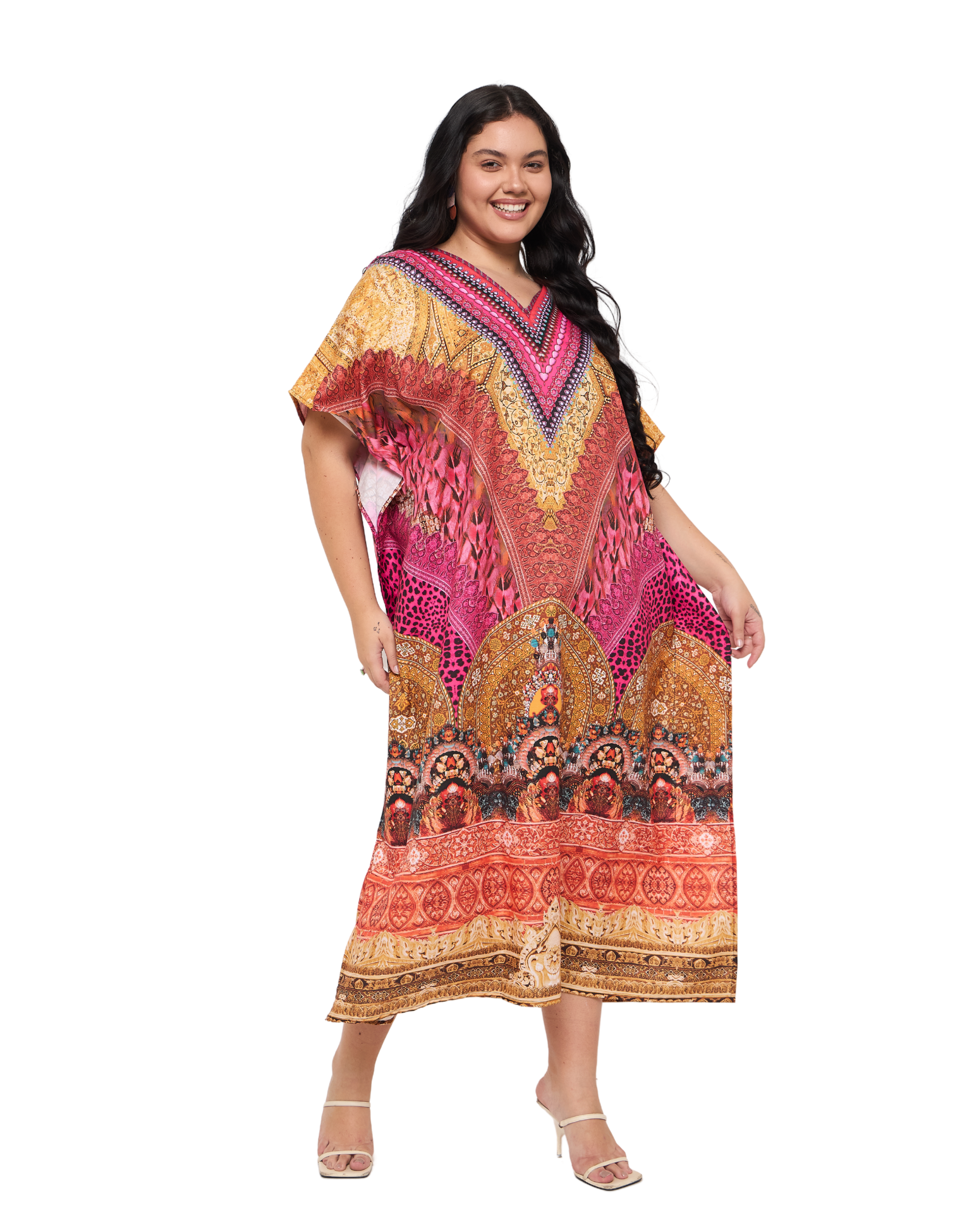 Motif Pink Polyester Women Plus Size Evening Kaftan Dress