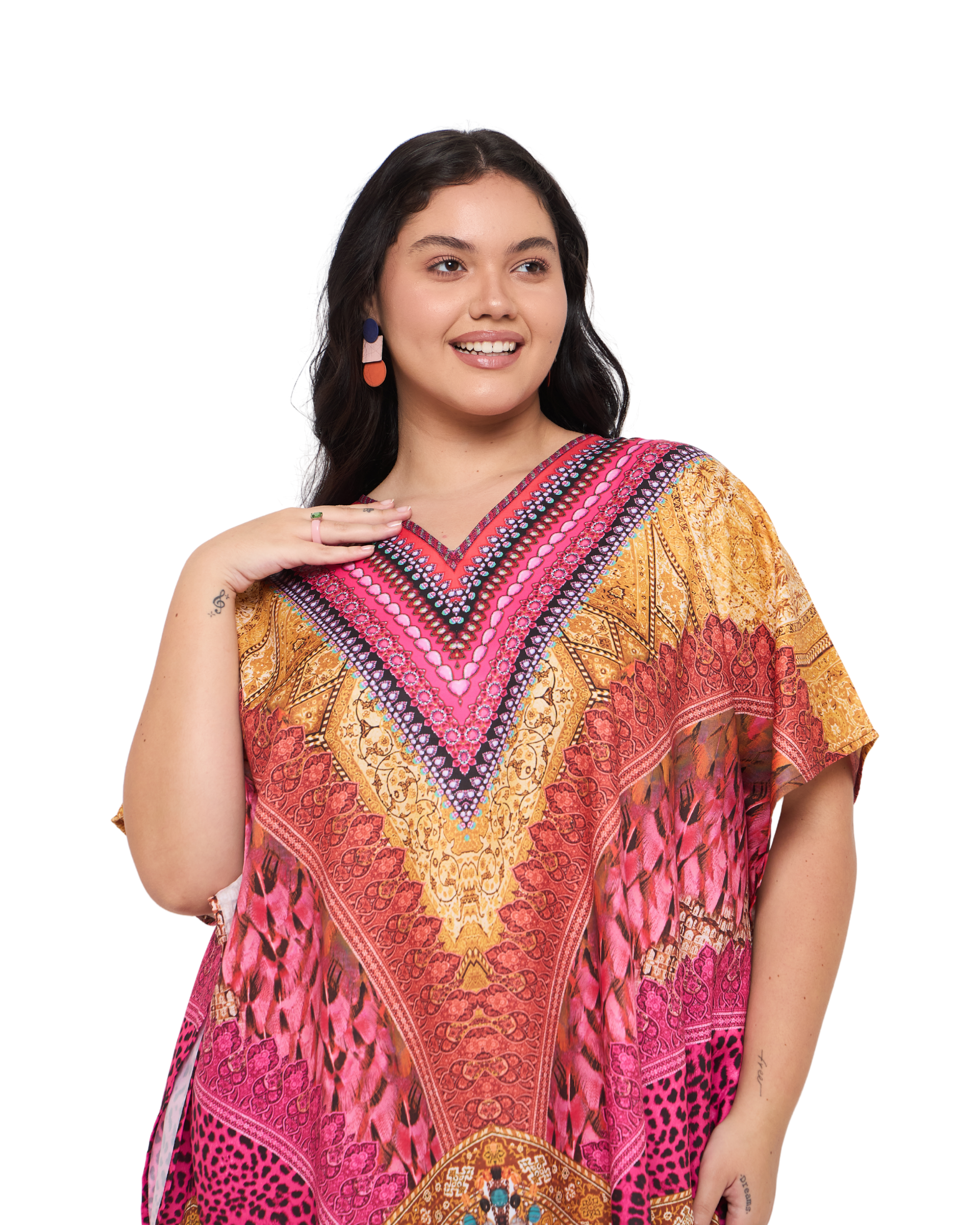 Motif Pink Polyester Women Plus Size Evening Kaftan Dress