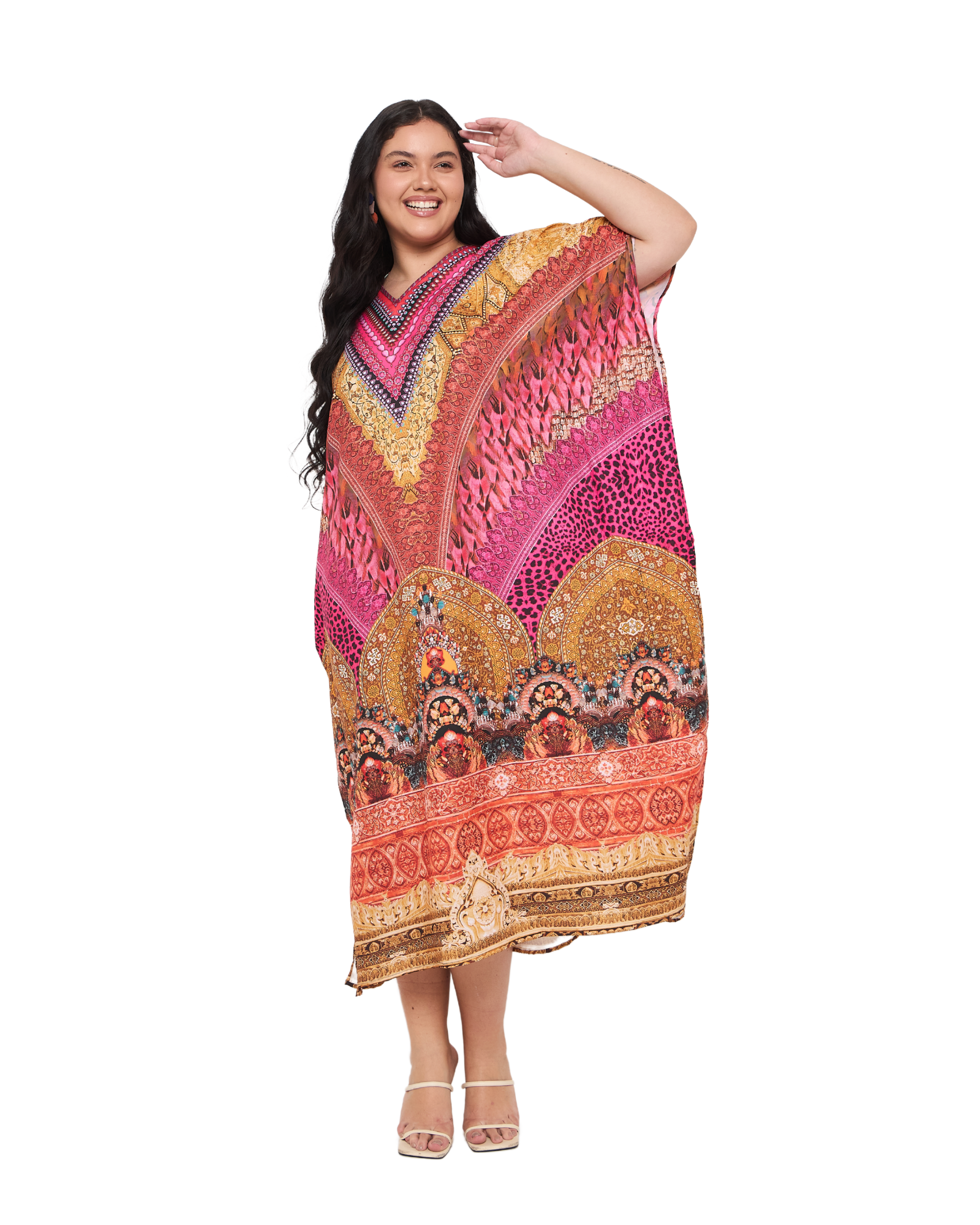 Motif Pink Polyester Women Plus Size Evening Kaftan Dress