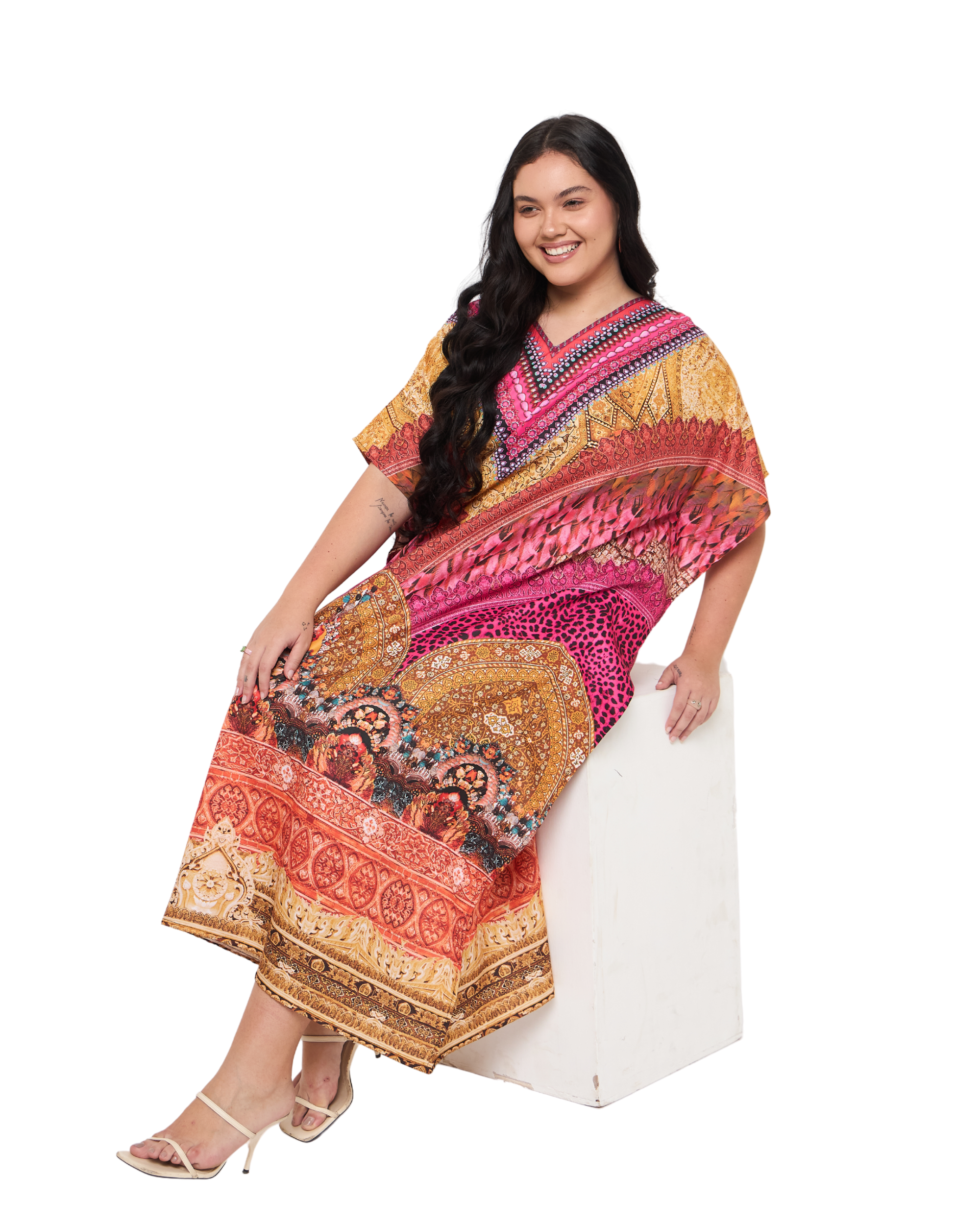Motif Pink Polyester Women Plus Size Evening Kaftan Dress