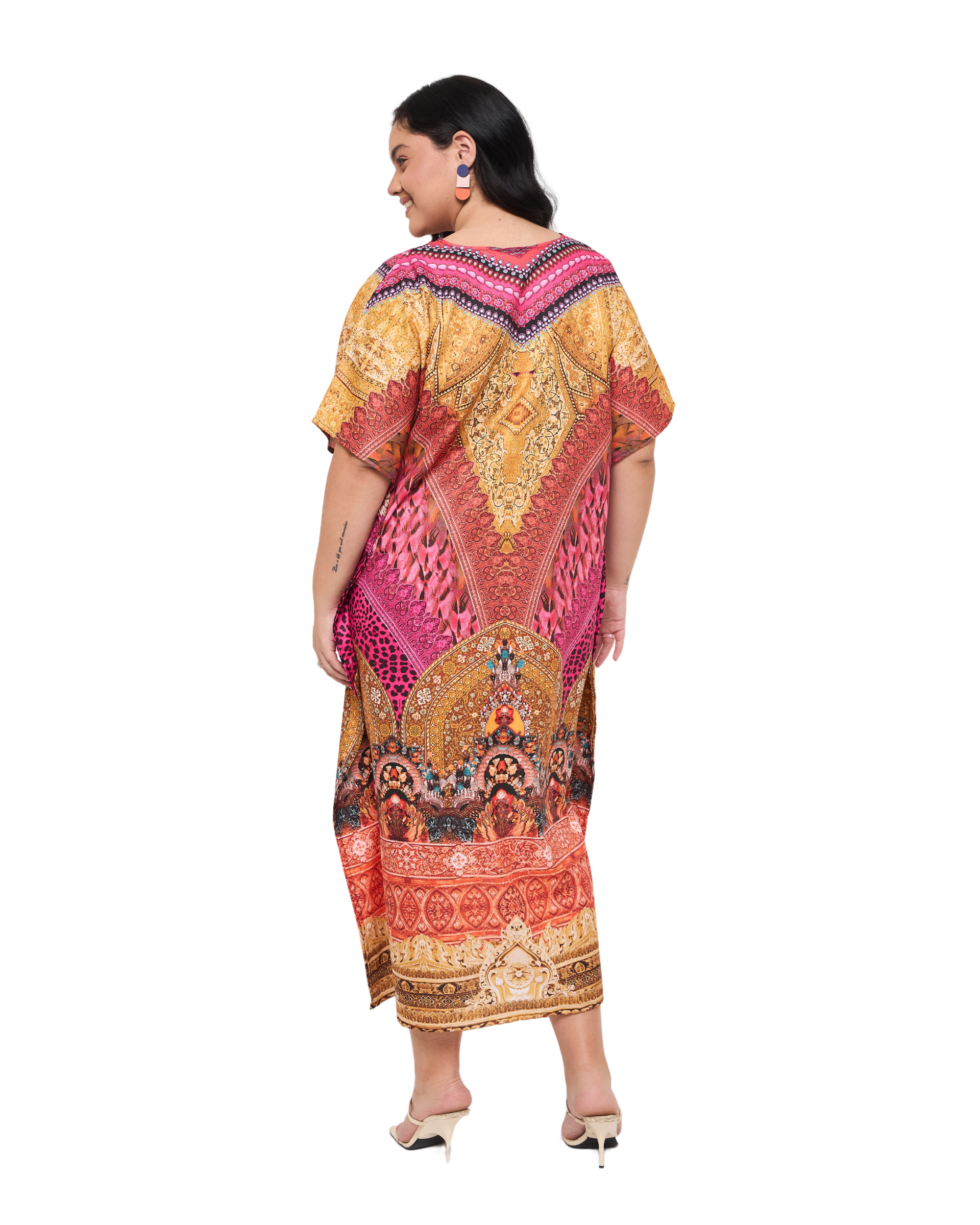 Motif Pink Polyester Women Plus Size Evening Kaftan Dress