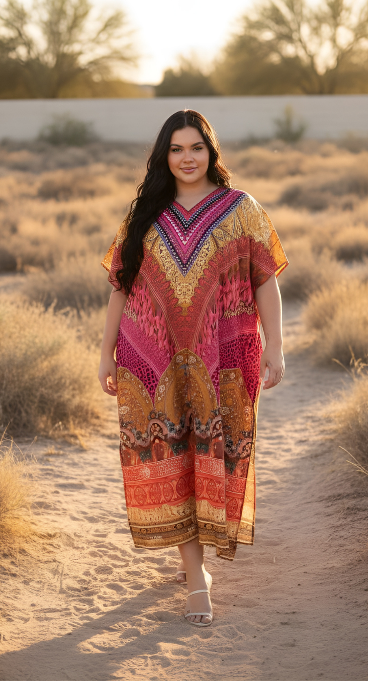 Motif Pink Polyester Women Plus Size Evening Kaftan Dress