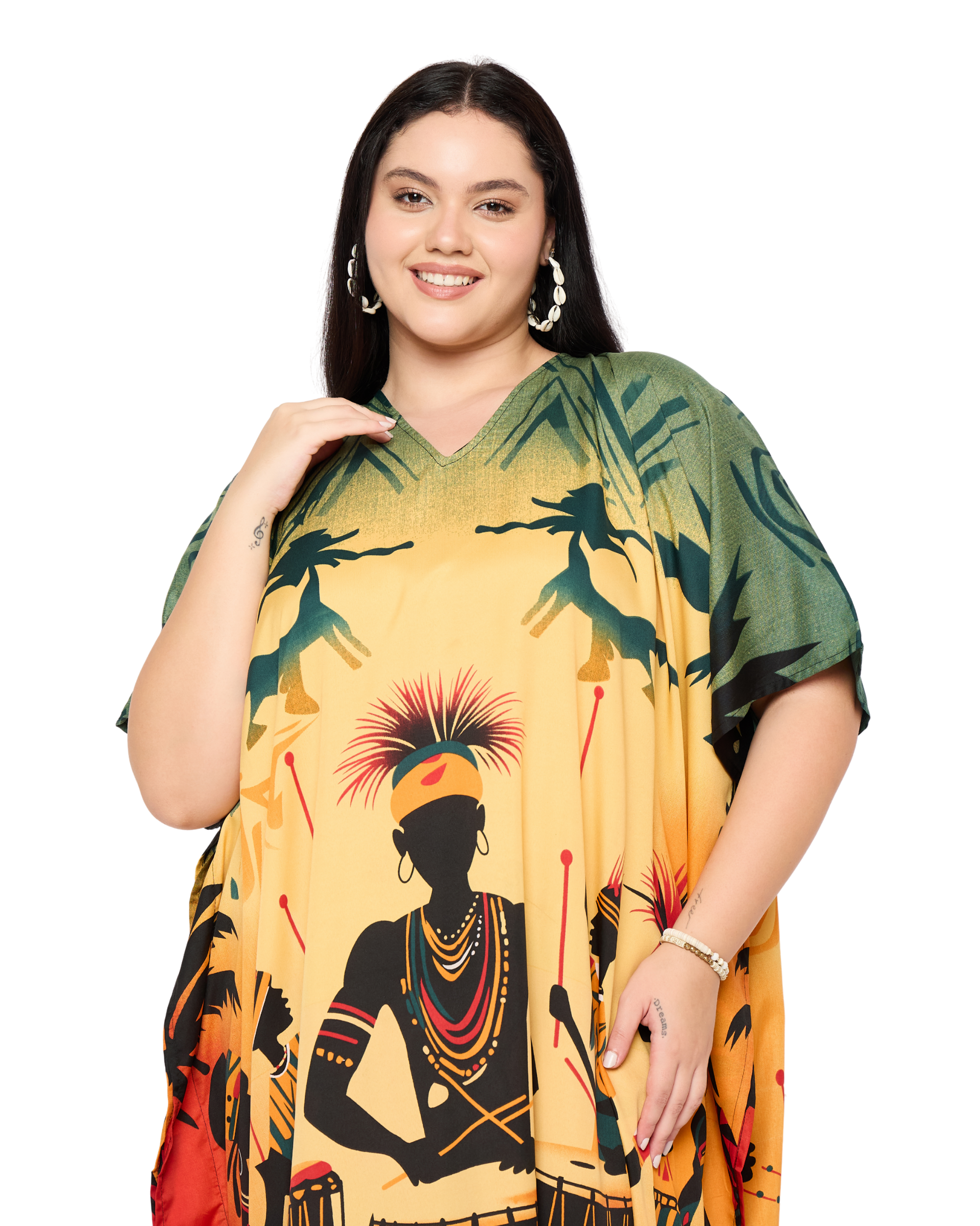 Yellow Tribal Women Plus Size Kaftan Nightgown Dress