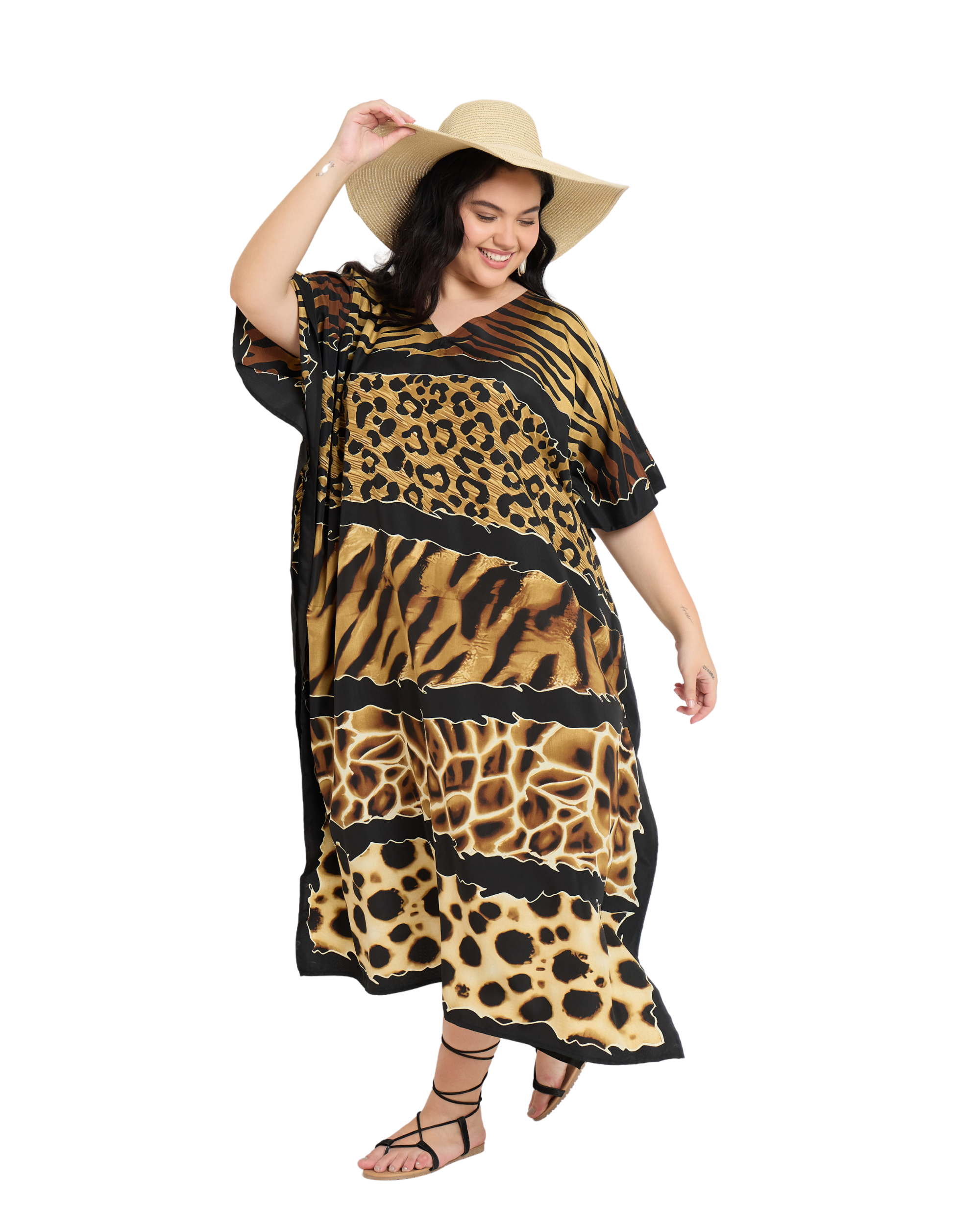Animal Print Polyester Women Plus Size Kaftan Loungewear Dress