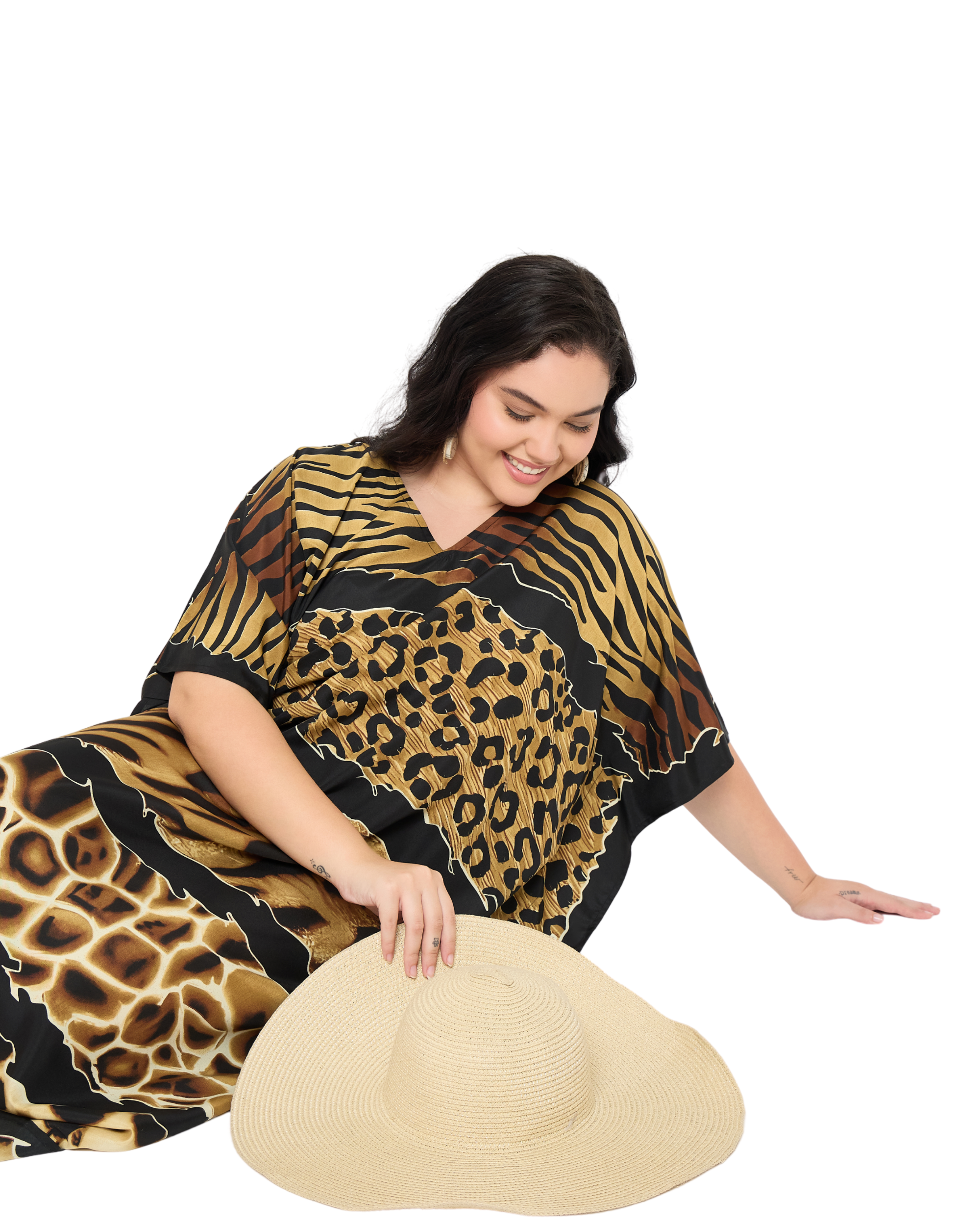 Animal Print Polyester Women Plus Size Kaftan Loungewear Dress