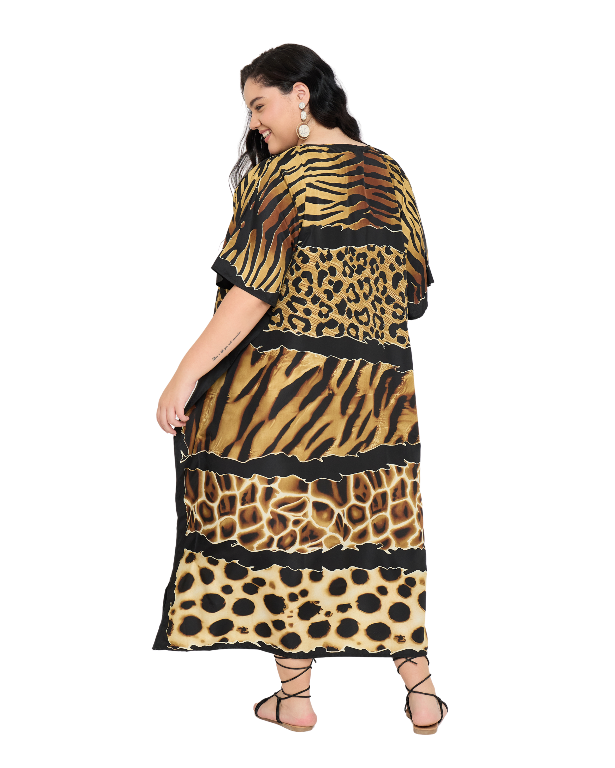Animal Print Polyester Women Plus Size Kaftan Loungewear Dress