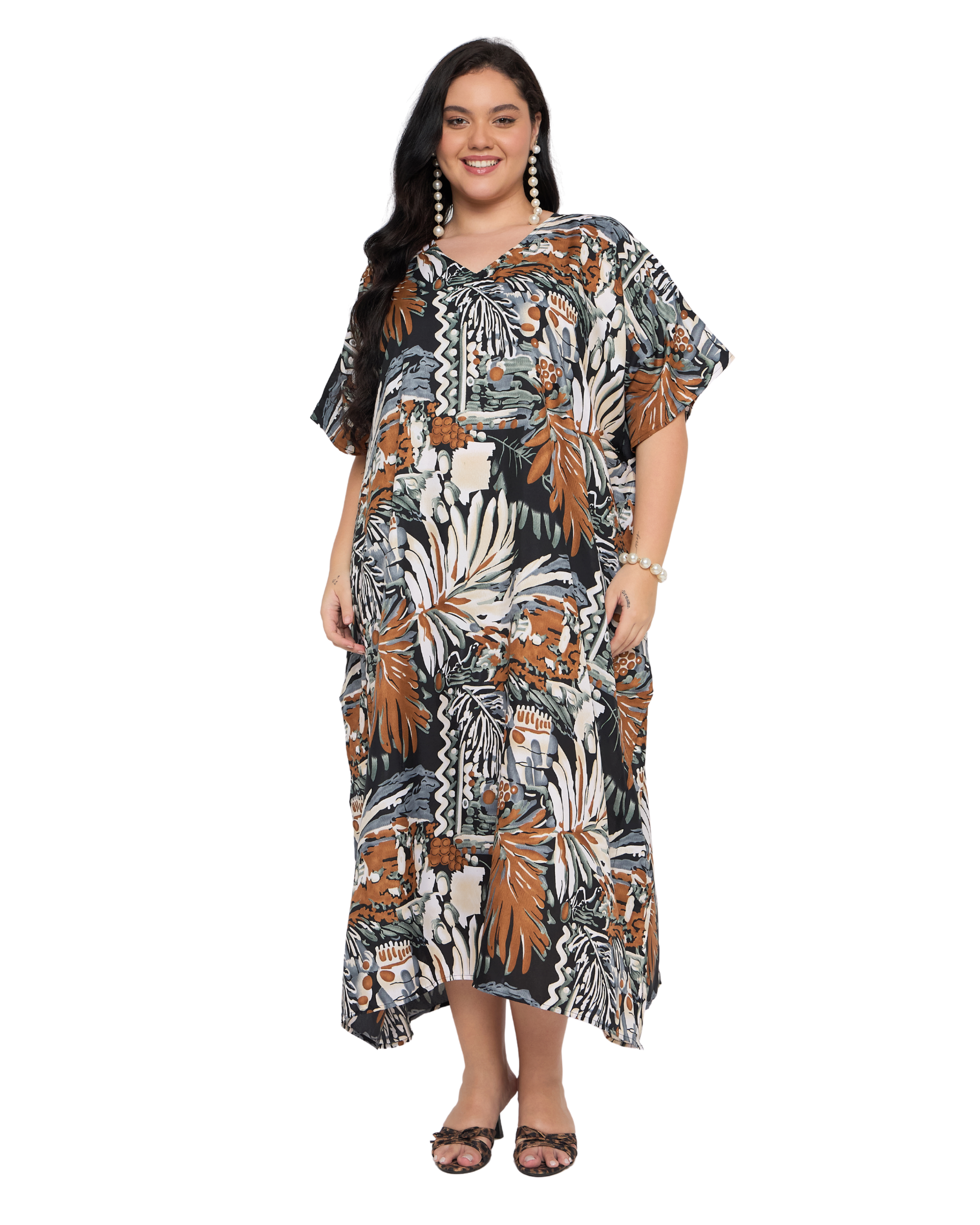 Black Tropical Polyester Women Plus Size Caftan Nightgown