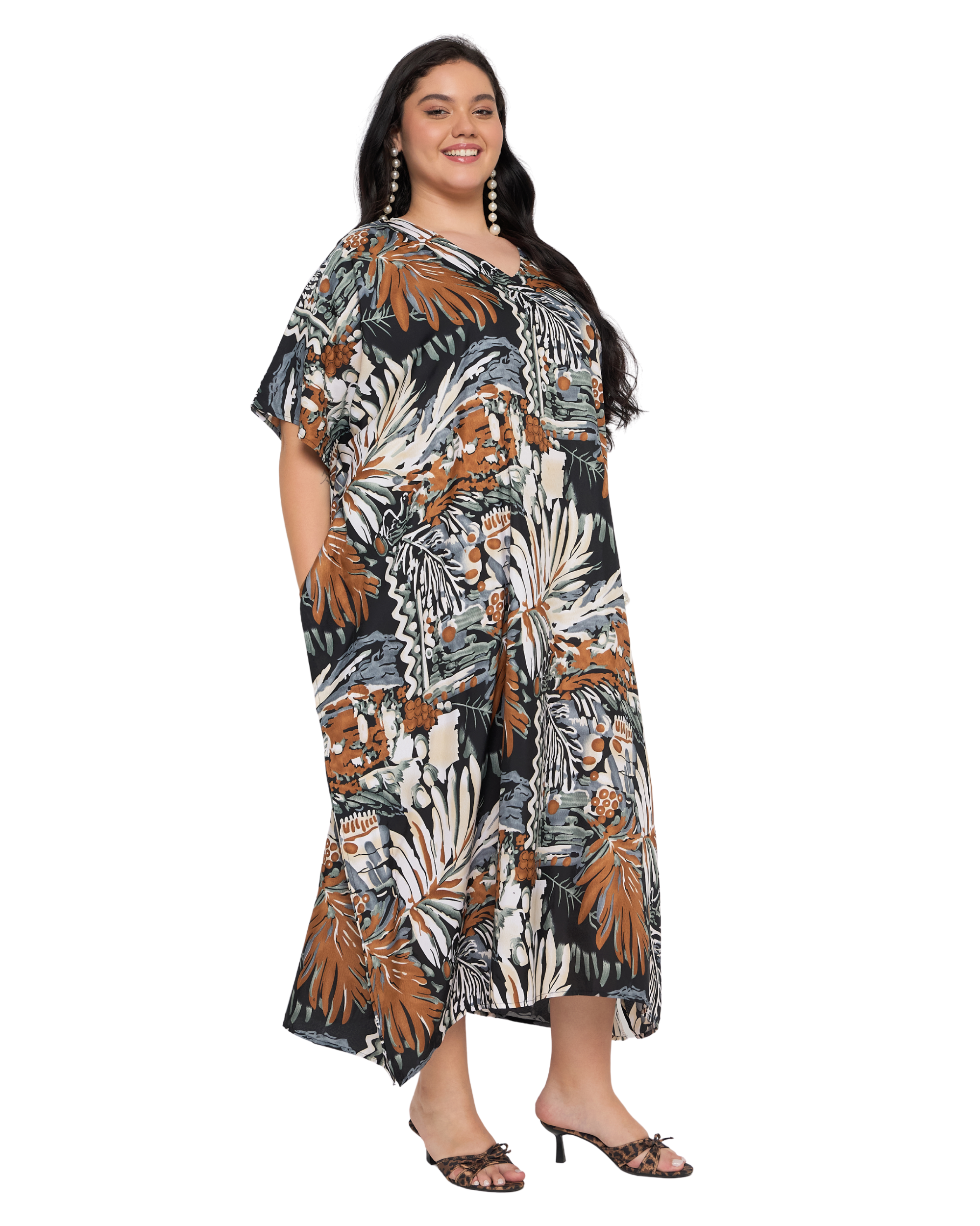 Black Tropical Polyester Women Plus Size Caftan Nightgown