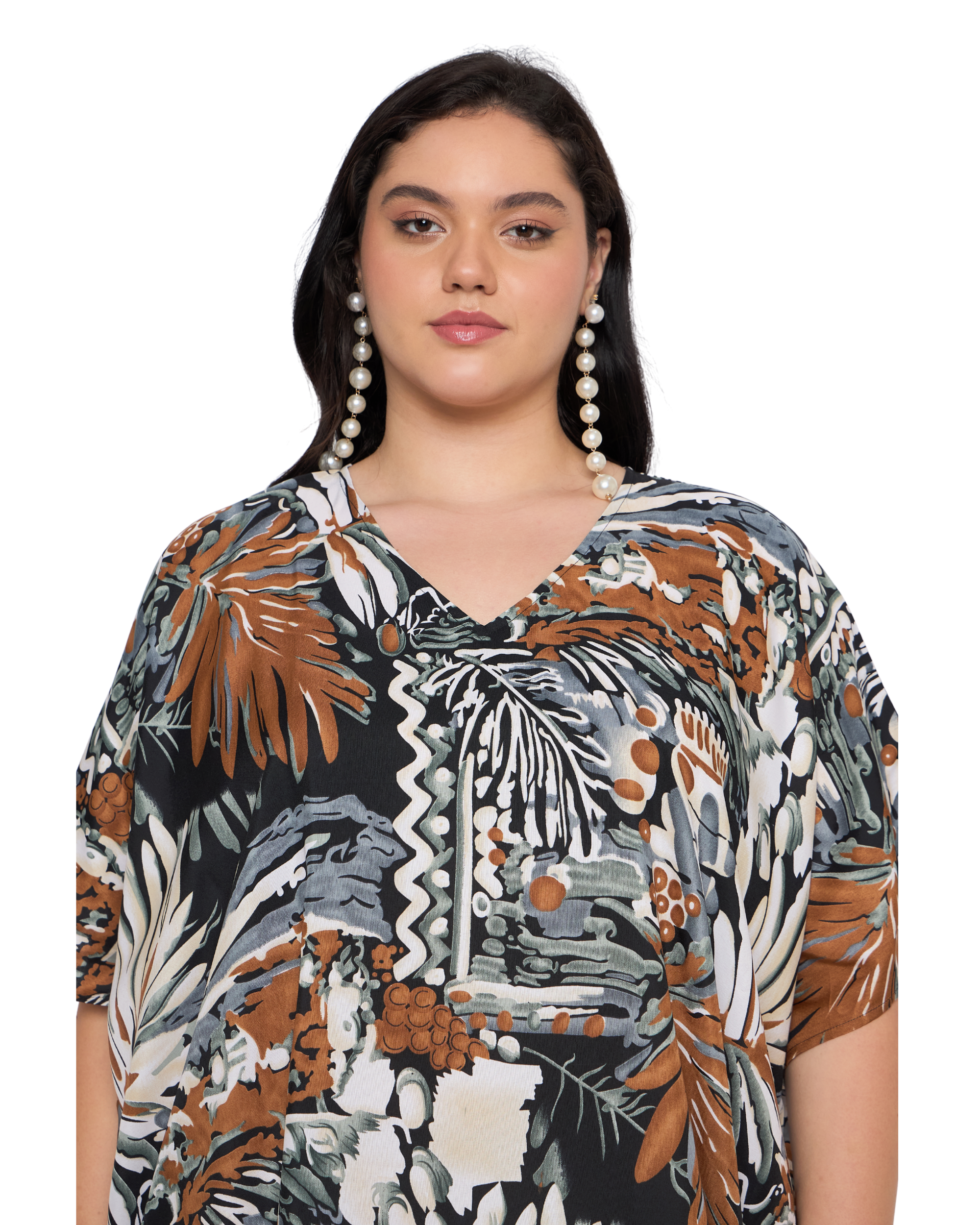 Black Tropical Polyester Women Plus Size Caftan Nightgown