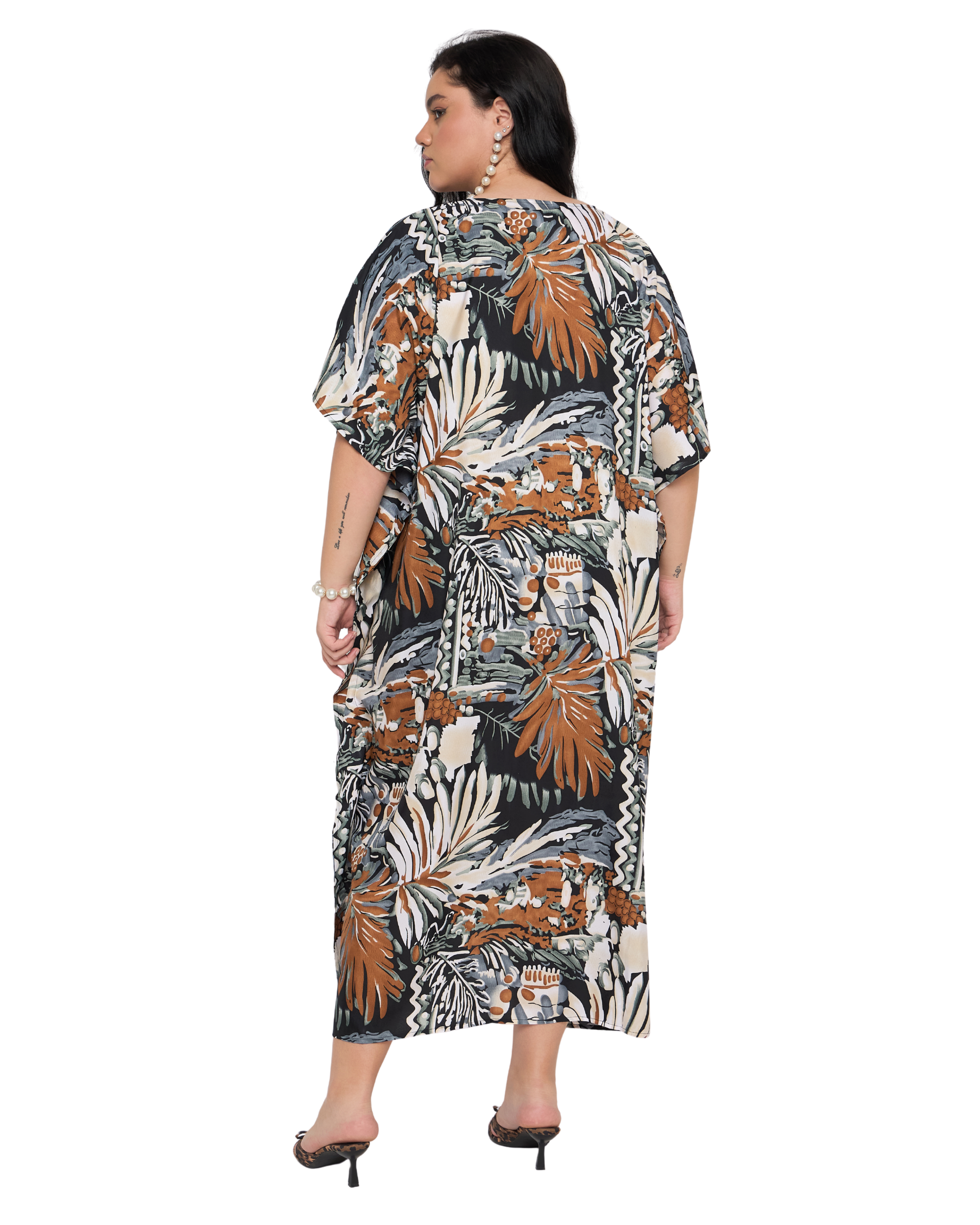 Black Tropical Polyester Women Plus Size Caftan Nightgown