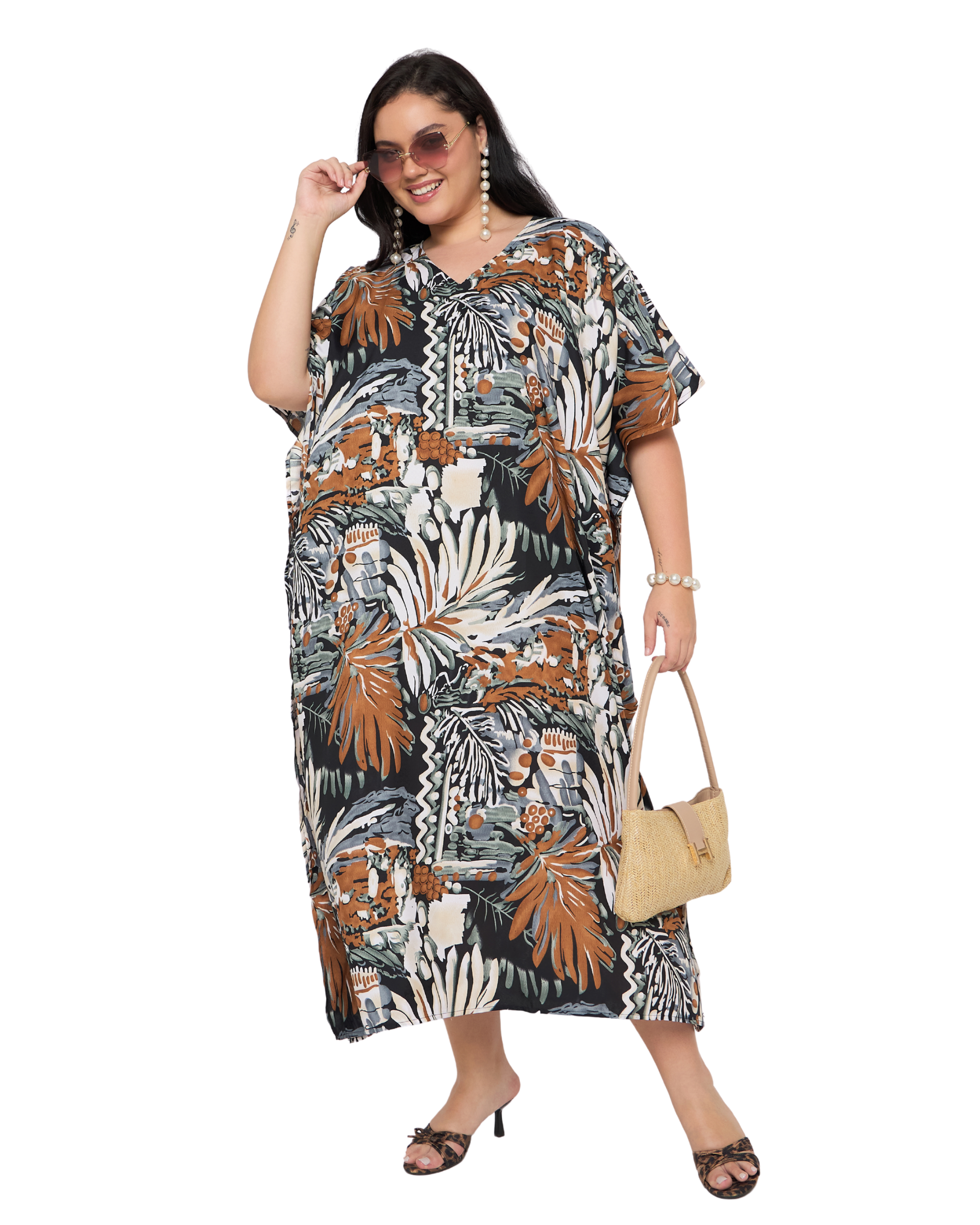 Black Tropical Polyester Women Plus Size Caftan Nightgown