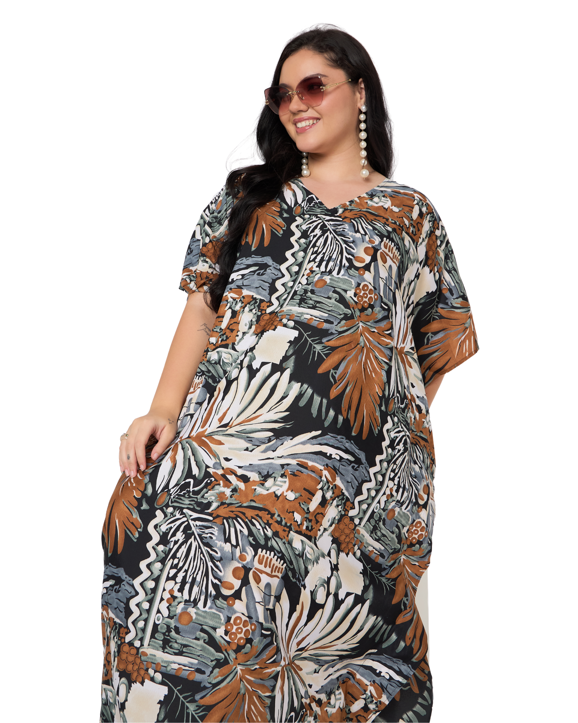 Black Tropical Polyester Women Plus Size Caftan Nightgown