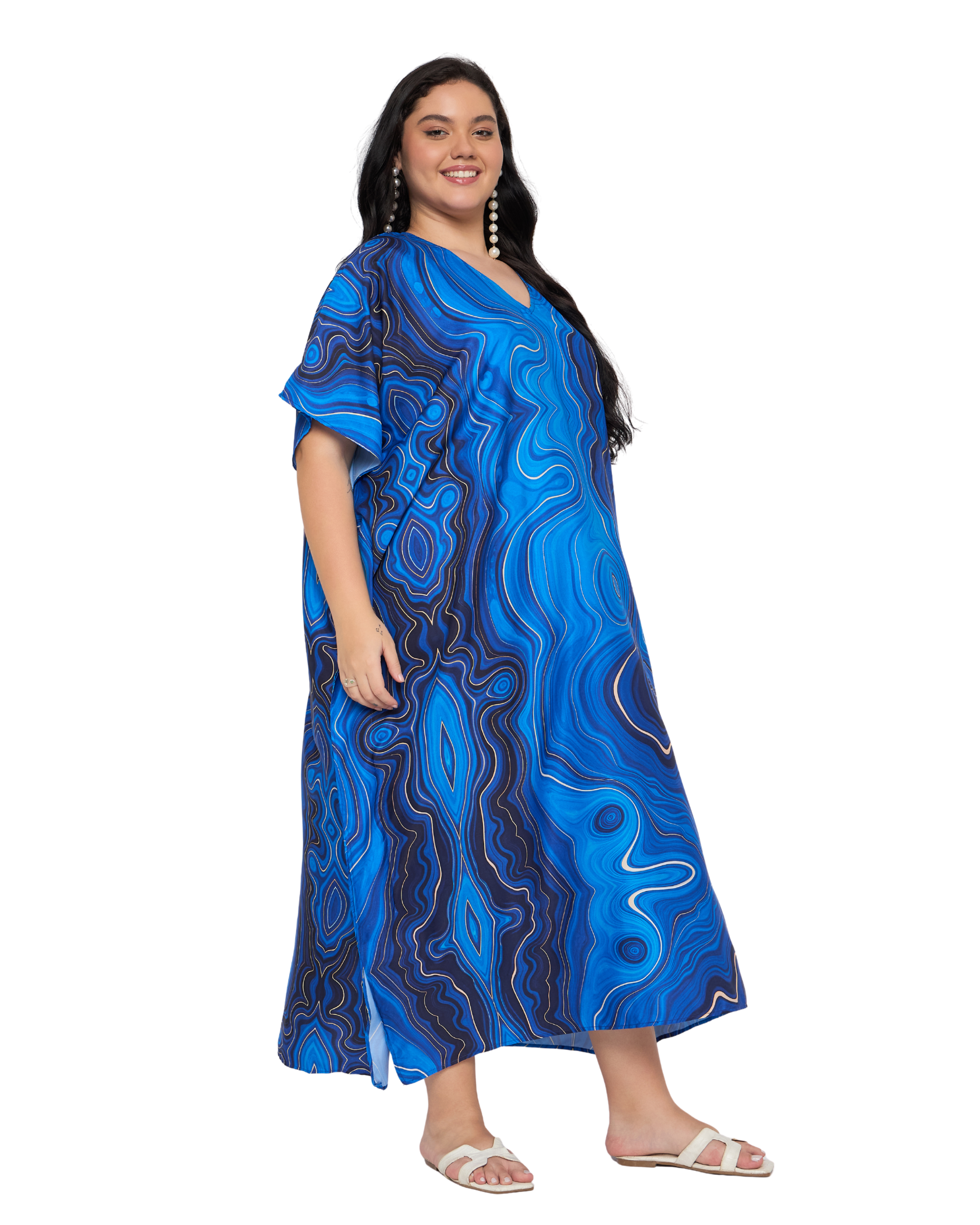Royal Blue Abstract Polyester Plus Size Caftan Dress for Women