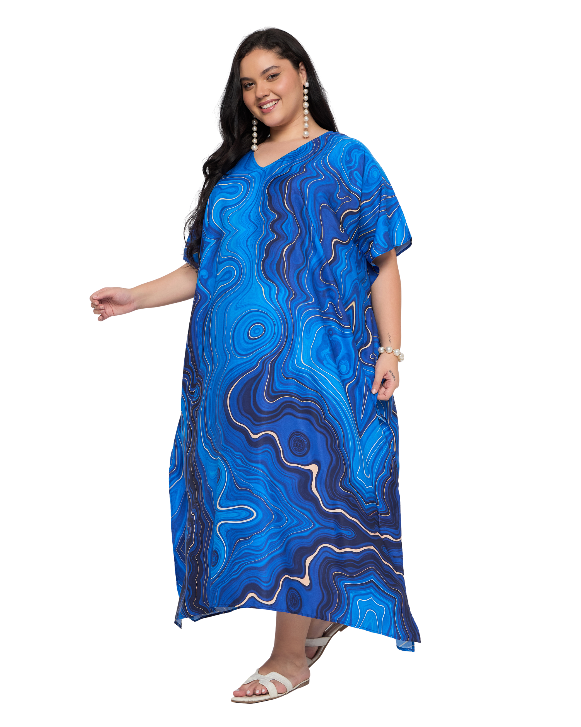 Royal Blue Abstract Polyester Plus Size Caftan Dress for Women