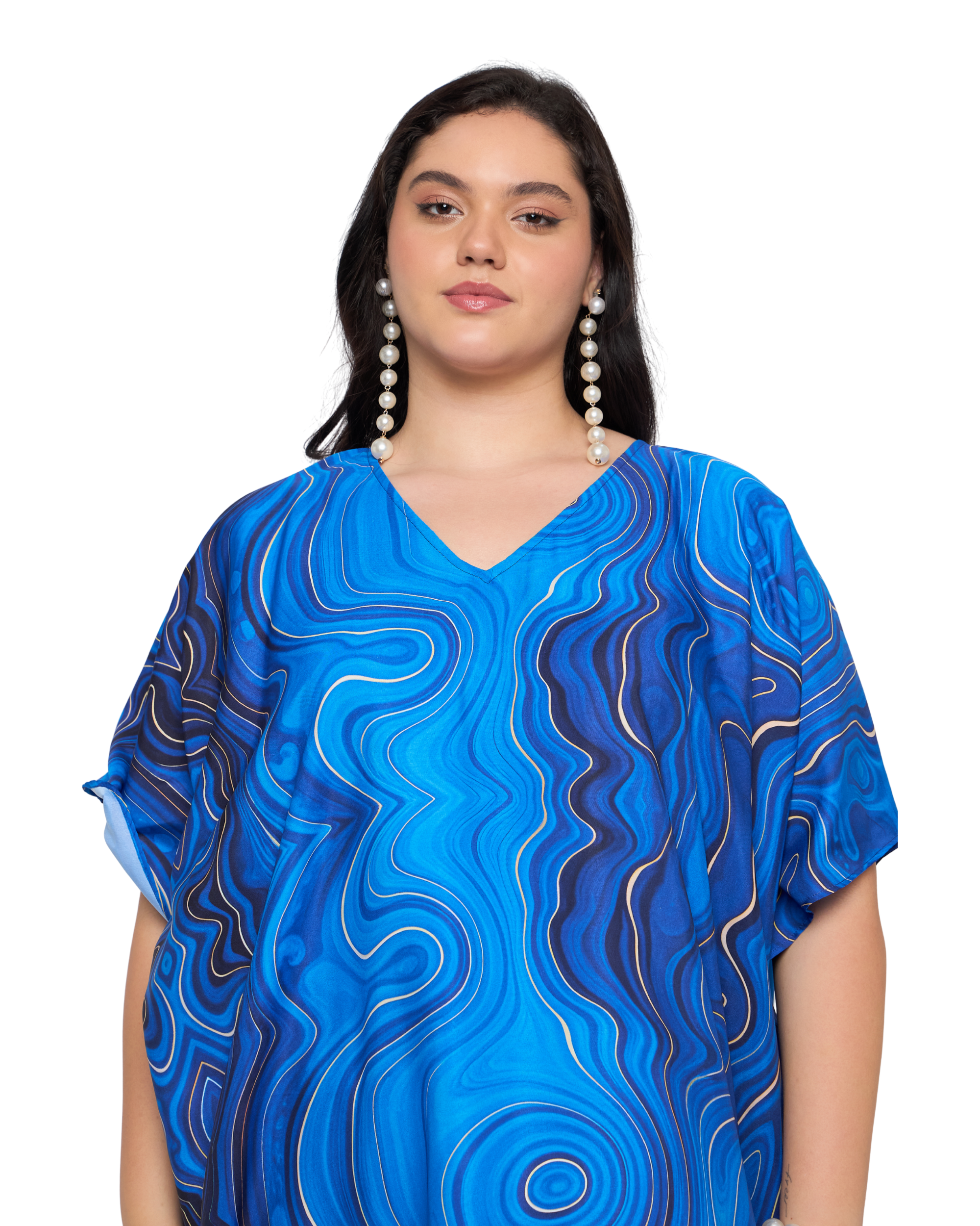 Royal Blue Abstract Polyester Plus Size Caftan Dress for Women