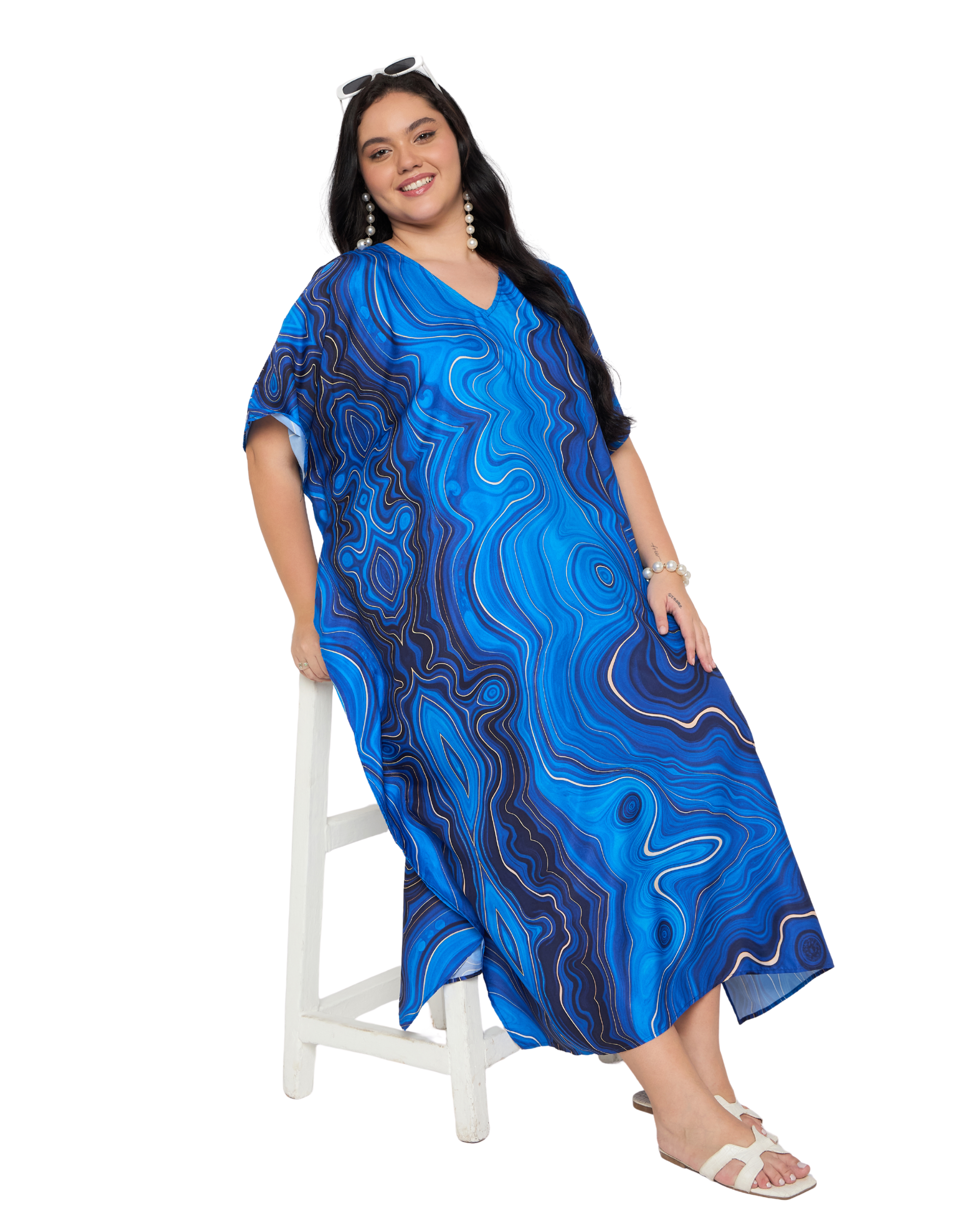 Royal Blue Abstract Polyester Plus Size Caftan Dress for Women