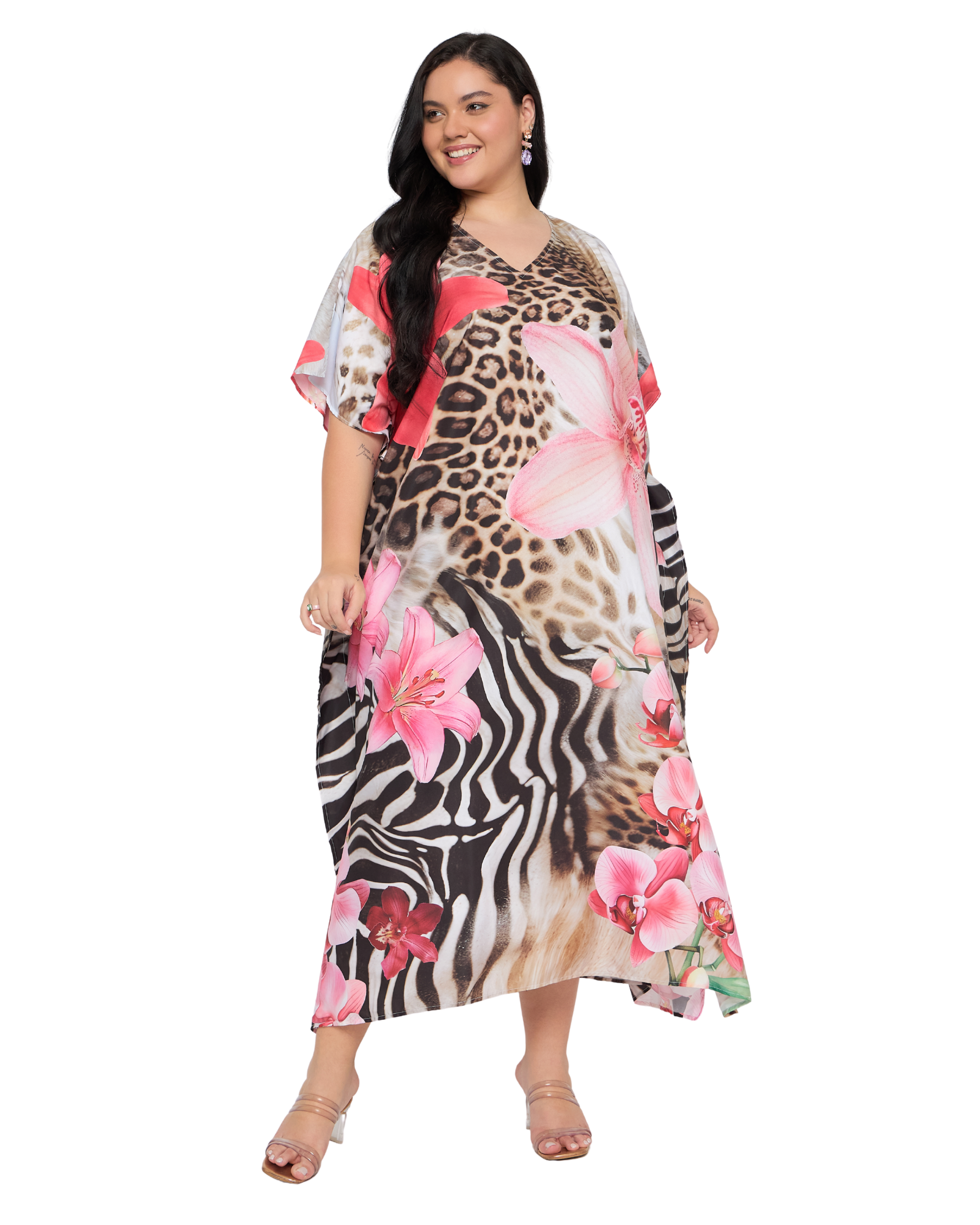 Light Pink Animal Polyester Women Plus Size Kaftan Dress