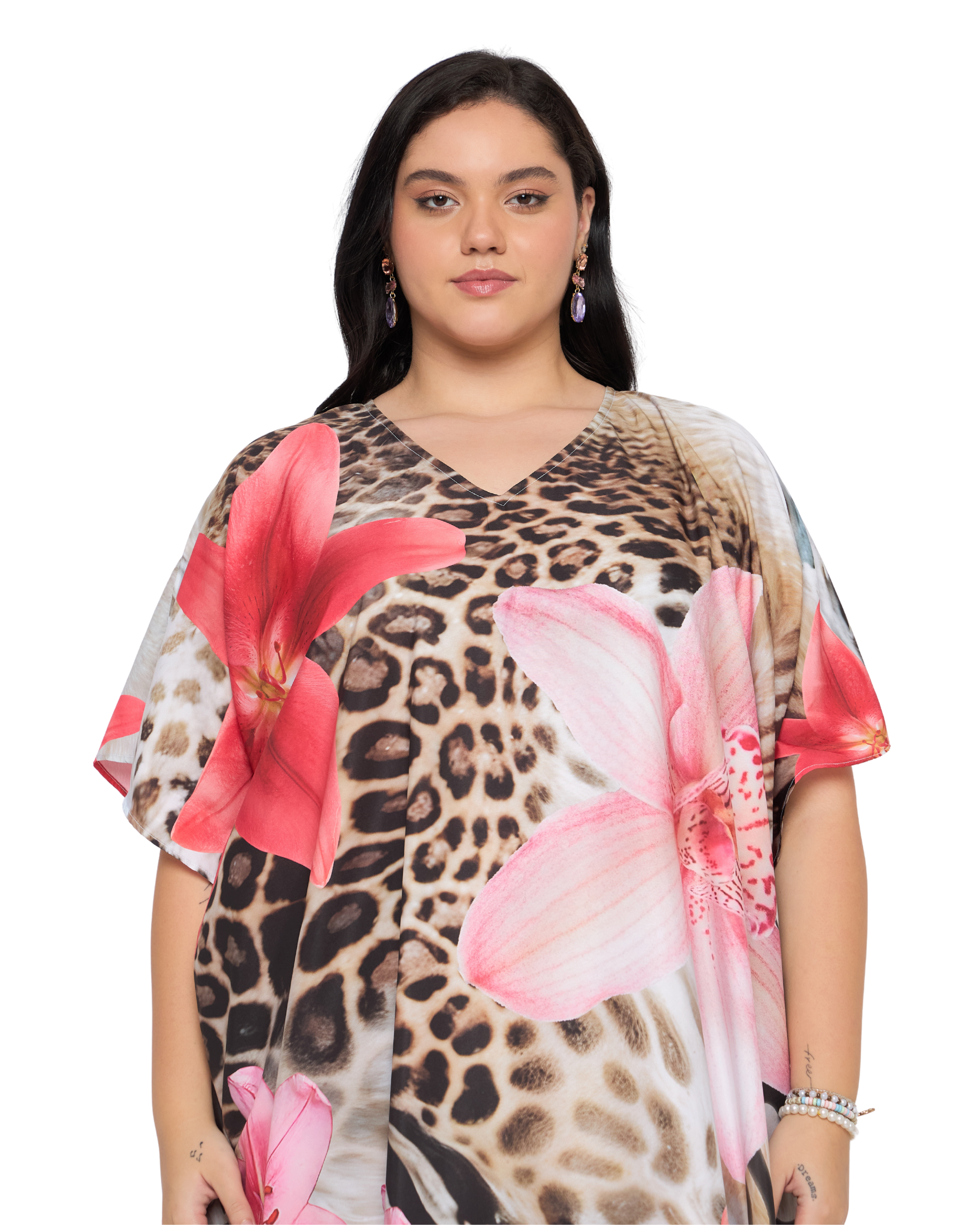 Light Pink Animal Polyester Women Plus Size Kaftan Dress
