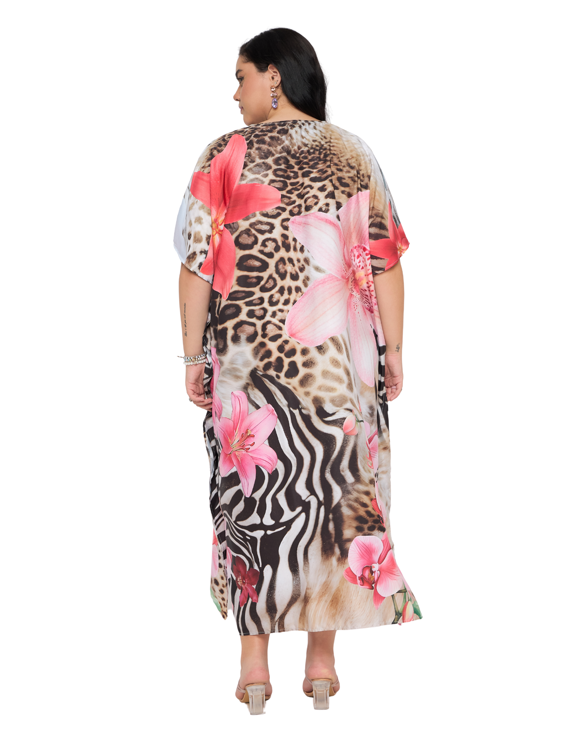Light Pink Animal Polyester Women Plus Size Kaftan Dress