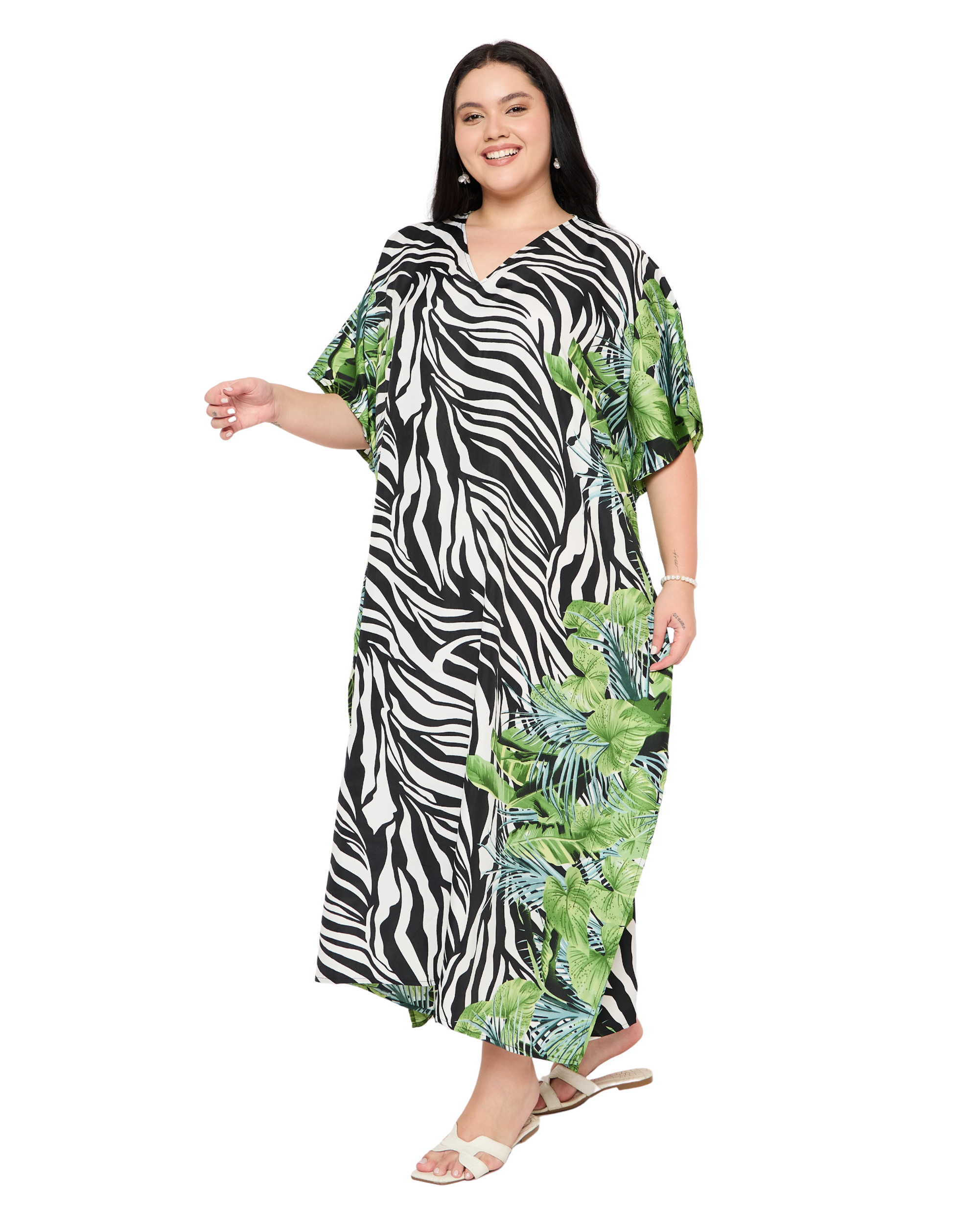 Black Striped Polyester Women Plus Size Beach Caftan Cover Up