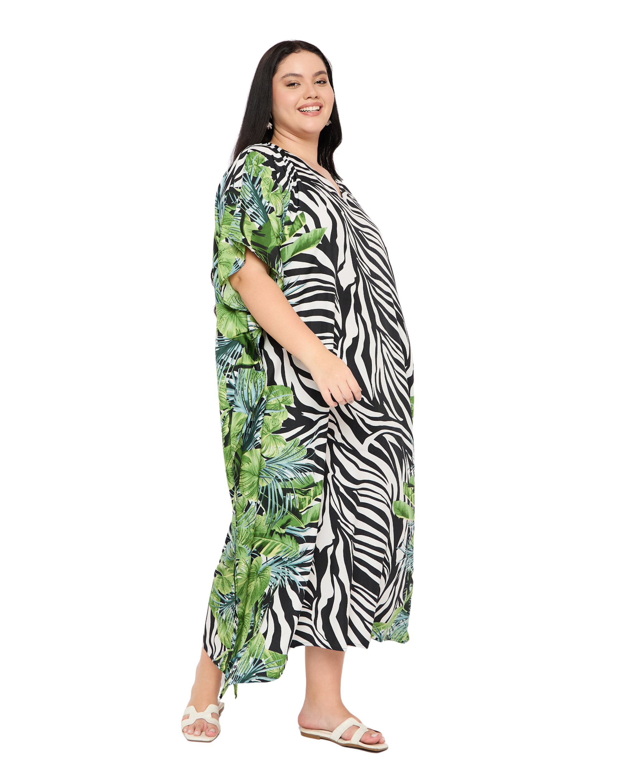 Black Striped Polyester Women Plus Size Beach Caftan Cover Up